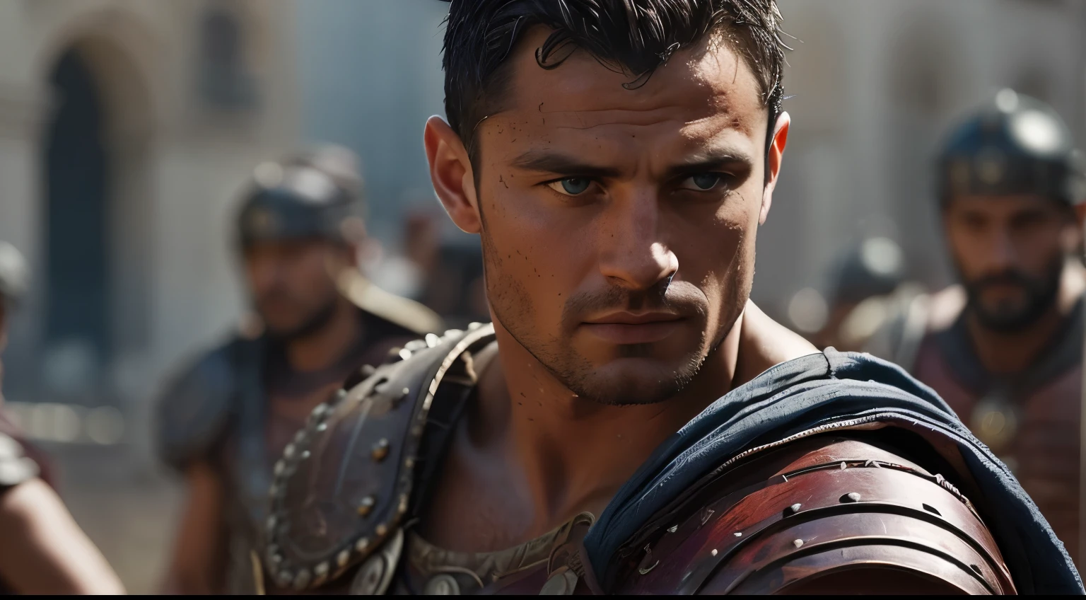 Roman Magnus, 30 years old, in the dark streets of Rome with other Romans. darkness, night, rain, black, light blue, light red, hyperrealism, cinematic, 8k resolution