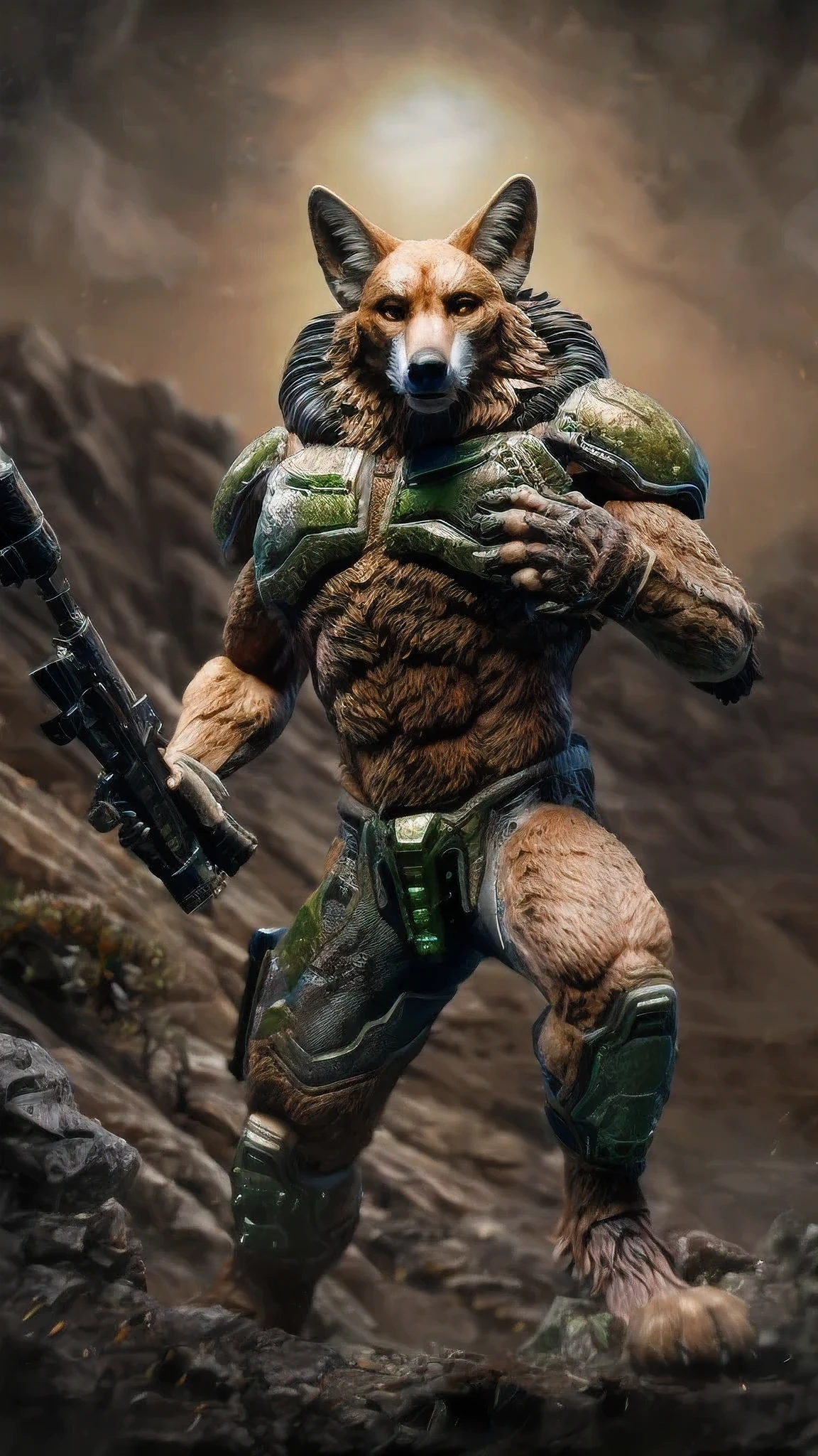 High detail, film, cinematic, realistic, masterpiece, male with(gun), (DOOM3), maned wolf, anthro, furry, maned wolf ears, detailed fur, solo, hell, mars, absurdres, best quality, HDR, high quality, high-definition, extremely detailed, 8k wallpaper, intricate details, 8K uhd, Full-HD, (by darkgem:0.7), (by shibashake:1.0), ((by darkvan:)), ((by oouna)), (by pino daeni:1.2)