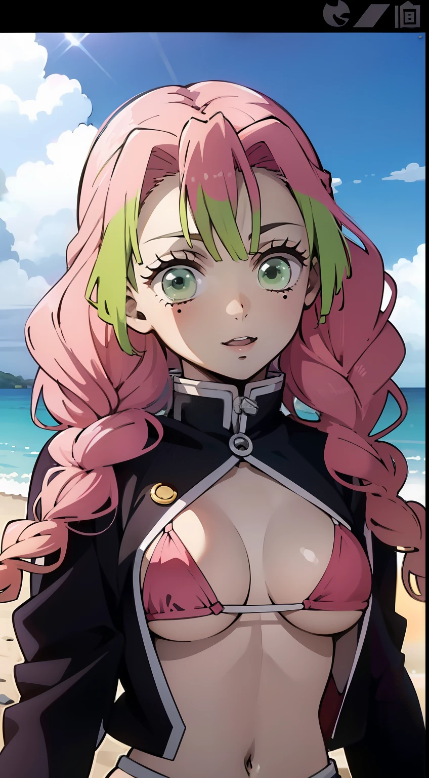 a 1girl, Japanese ocean, beach, beautiful big breasts, rose hair, Bright green color at the ends of the hair,  MitsuriKanroji,stands in full growth in pink micro bikini,  (Body Full 1:1), Dazzling, smil, chest, In art: Demon Slayer, Demon Slayer Art Style, demon slayer rui fanart, badass anime 8 k, Demon Slayer, Anime Key Art, 4 k manga wallpapers, kimetsu no yaiba, anime wallaper, Ultra Transparent, Ultra Detailed, very extremely beautiful, anime epic artwork, Anime Art Wallpapers 8K, Local Art & epic composition, very extremely beautiful, beautiful breasts, (tmasterpiece, beste-Qualit),