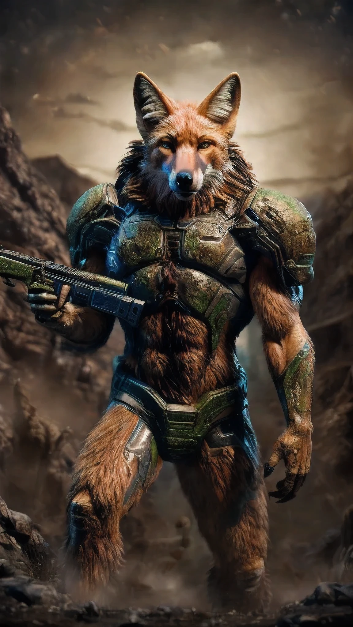 High detail, film, cinematic, realistic, masterpiece, male with(gun), (DOOM3), maned wolf, anthro, furry, maned wolf ears, detailed fur, solo, hell, mars, absurdres, best quality, HDR, high quality, high-definition, extremely detailed, 8k wallpaper, intricate details, 8K uhd, Full-HD, (by darkgem:0.7), (by shibashake:1.0), ((by darkvan:)), ((by oouna)), (by pino daeni:1.2)