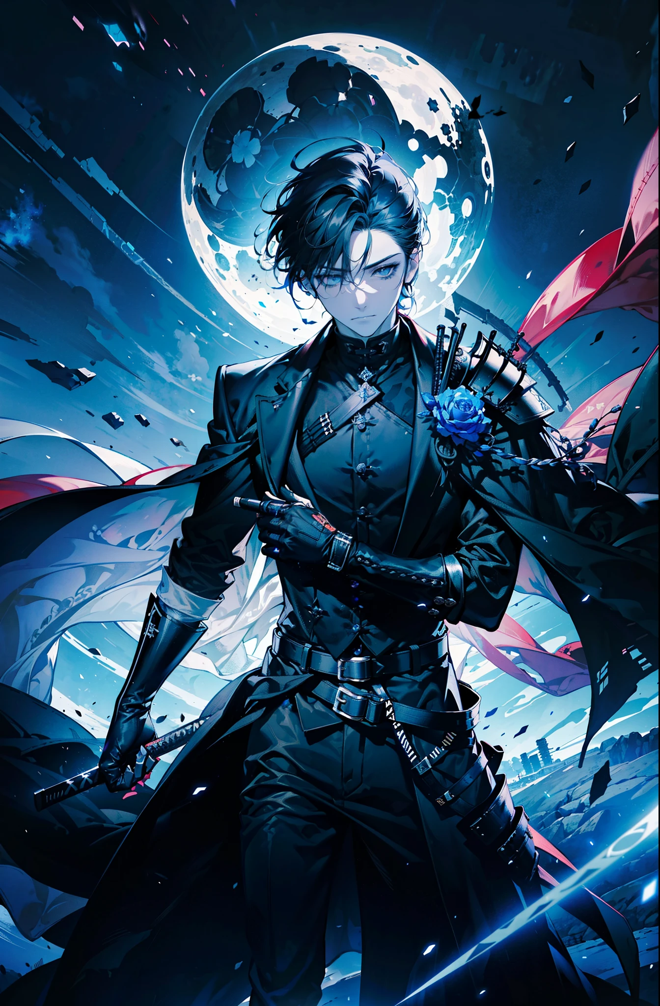 retrato cara cercano,Dark gothic horror fantasy,ciberpunk futurista,(samurai sword, scythe blade, bandera de guerra sashimono, negro:1.1),1 hombre,mechanical wonder,Robotic presence,Cyber Warrior Guardian, wear a worn mechanical suit, incredibly complex metal [oxidado]), elegancia perfecta, Enfoque claro, Photography by Greg Rutkowski, cinematic lighting, Colores vibrantes, OBRA MAESTRA PERFECTA, ((calle)), tiro de vaquero, extremely dynamic pose, flores de cerezo ondeando al viento, Post-apocalyptic gothic feudal Japan background