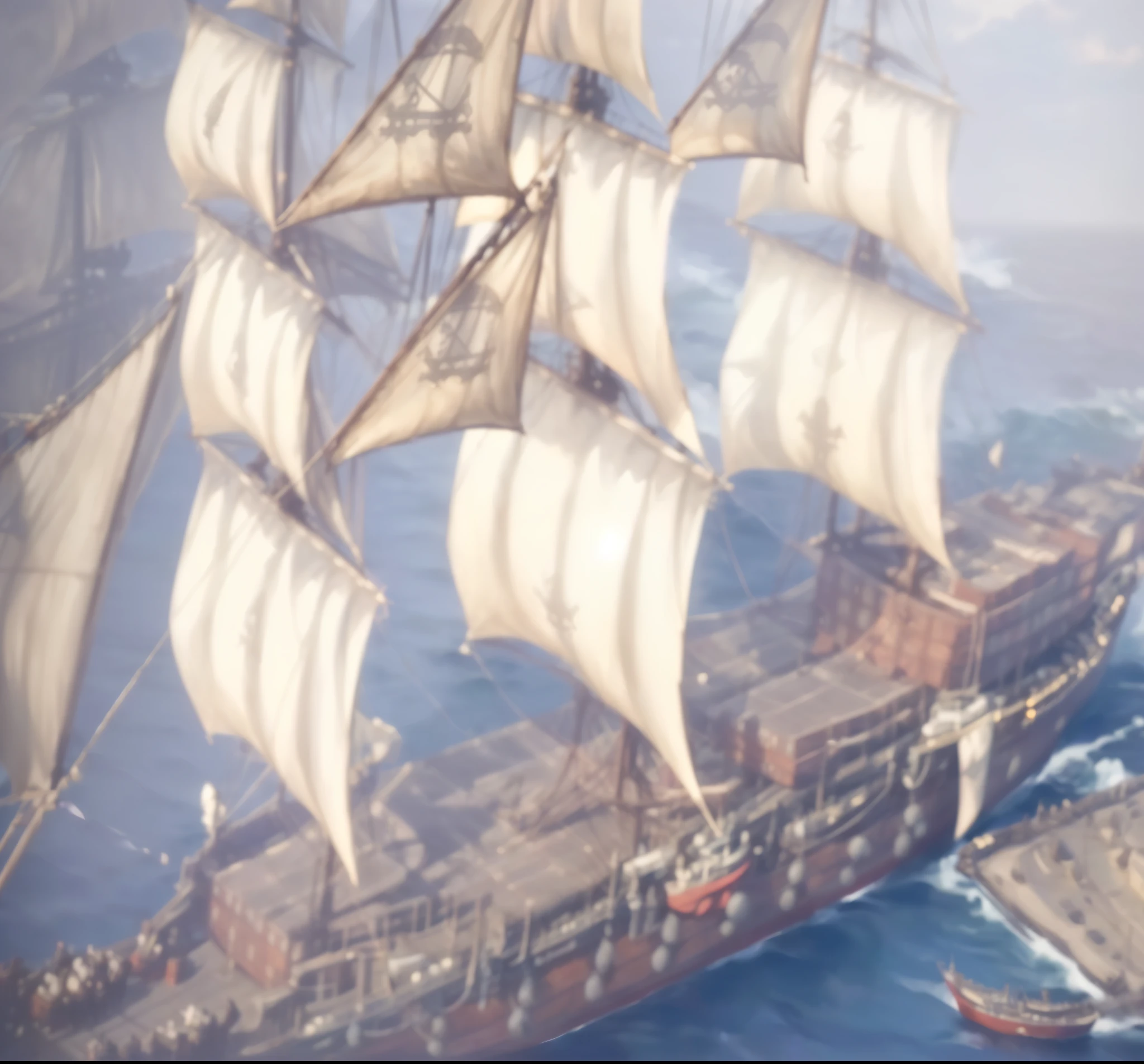 (photorealistic), there is a big ship, which is at the port, ships with паруса underneath, An incredibly huge pirate ship, galleon,, sails with skulls, Naval background, swashbuckler class pirate, ships, against the backdrop of a pirate ship, ships with паруса, flying ships in the background,