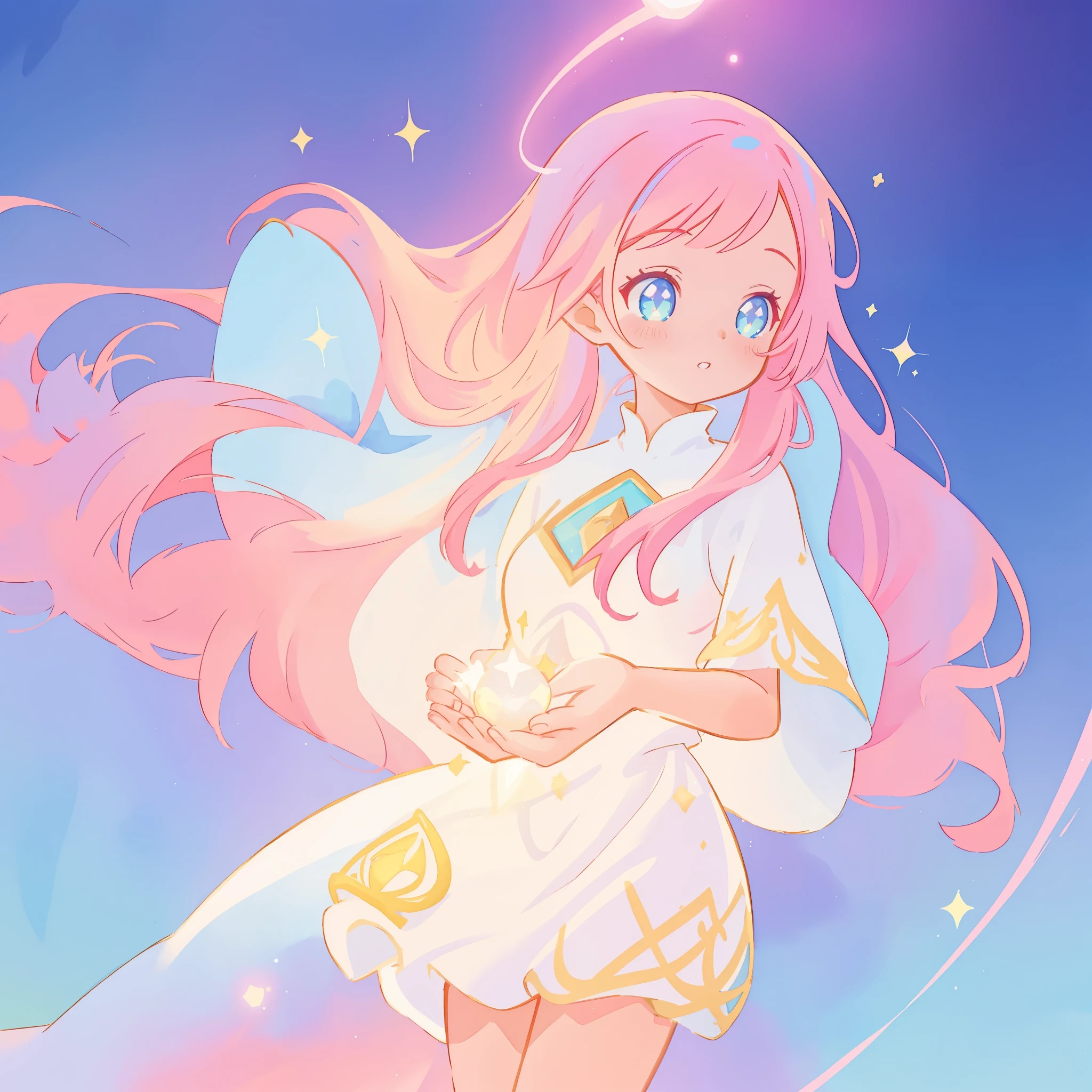 beautiful girl in white arabian two-piece dress, arabian princess, long colorful sparkling pink hair, watercolor illustration, Lois van Baarle, glowing aura around her, Glen Keane, jen bartel, glowing hair, beautiful digital illustration, fantasia background, beautiful, masterpiece, best quality, anime disney style, (detailed eyes), golden ratio, perfect composition