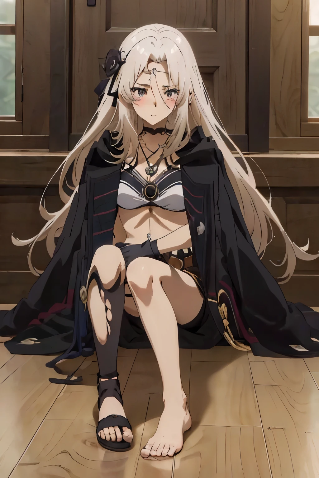 Masterpiece, Best quality, 1 girl, Anime girl, gray robe, torn edges, white bikini top, black short pants with gold accessories, stocking on the right leg from just above the ankle to mid-thigh, while her left leg is bare, except for two belts, black gloves, hair band, Jewelled, necklace with what looks like a sapphire, amniotic fluid, blushing, hard breath, hurt, get down on your knees, Middle Ages road