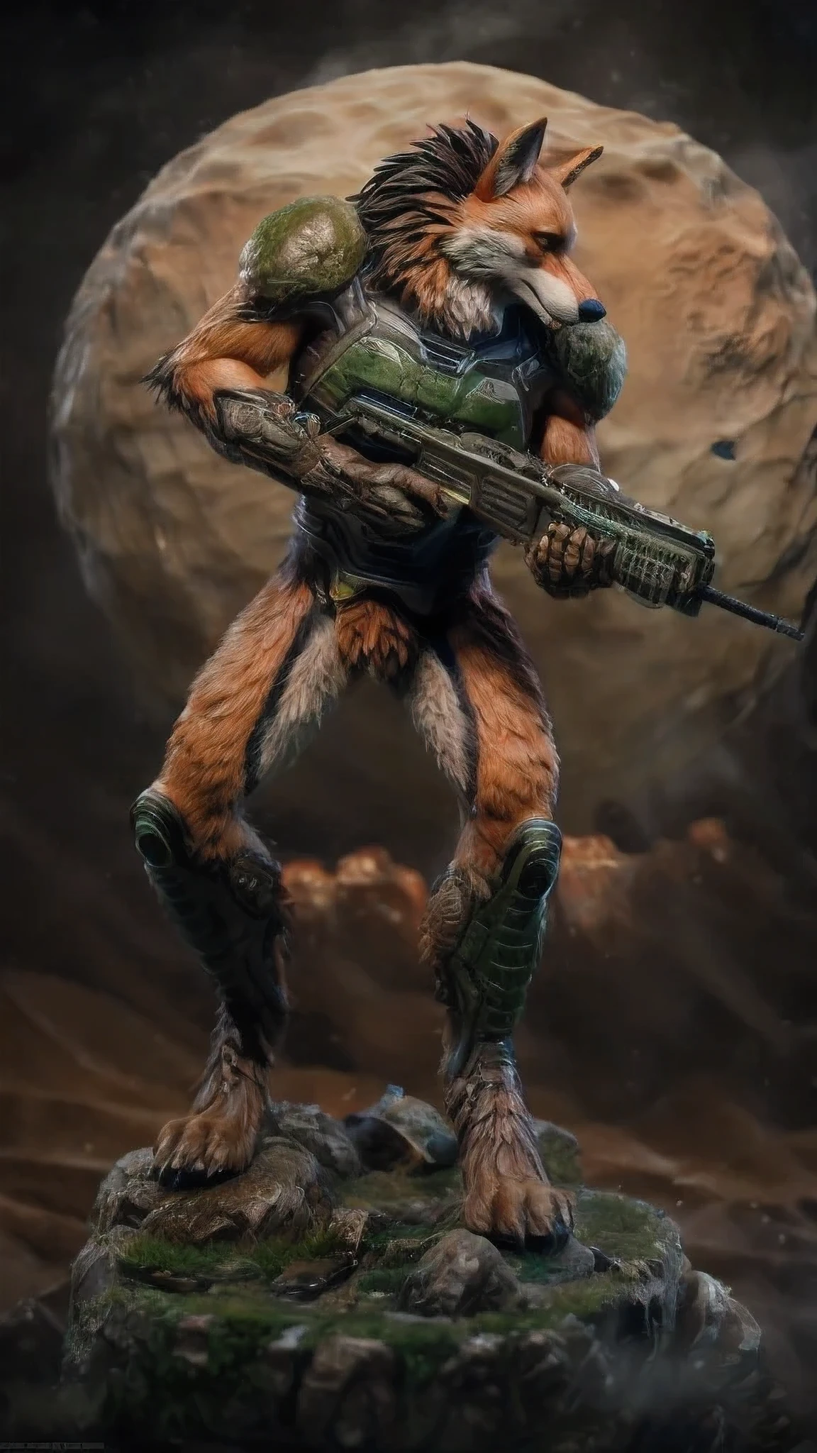 High detail, film, cinematic, realistic, masterpiece, male with(gun), (DOOM3), maned wolf, anthro, furry, maned wolf ears, detailed fur, solo, hell, mars, absurdres, best quality, HDR, high quality, high-definition, extremely detailed, 8k wallpaper, intricate details, 8K uhd, Full-HD, (by darkgem:0.7), (by shibashake:1.0), ((by darkvan:)), ((by oouna)), (by pino daeni:1.2)
