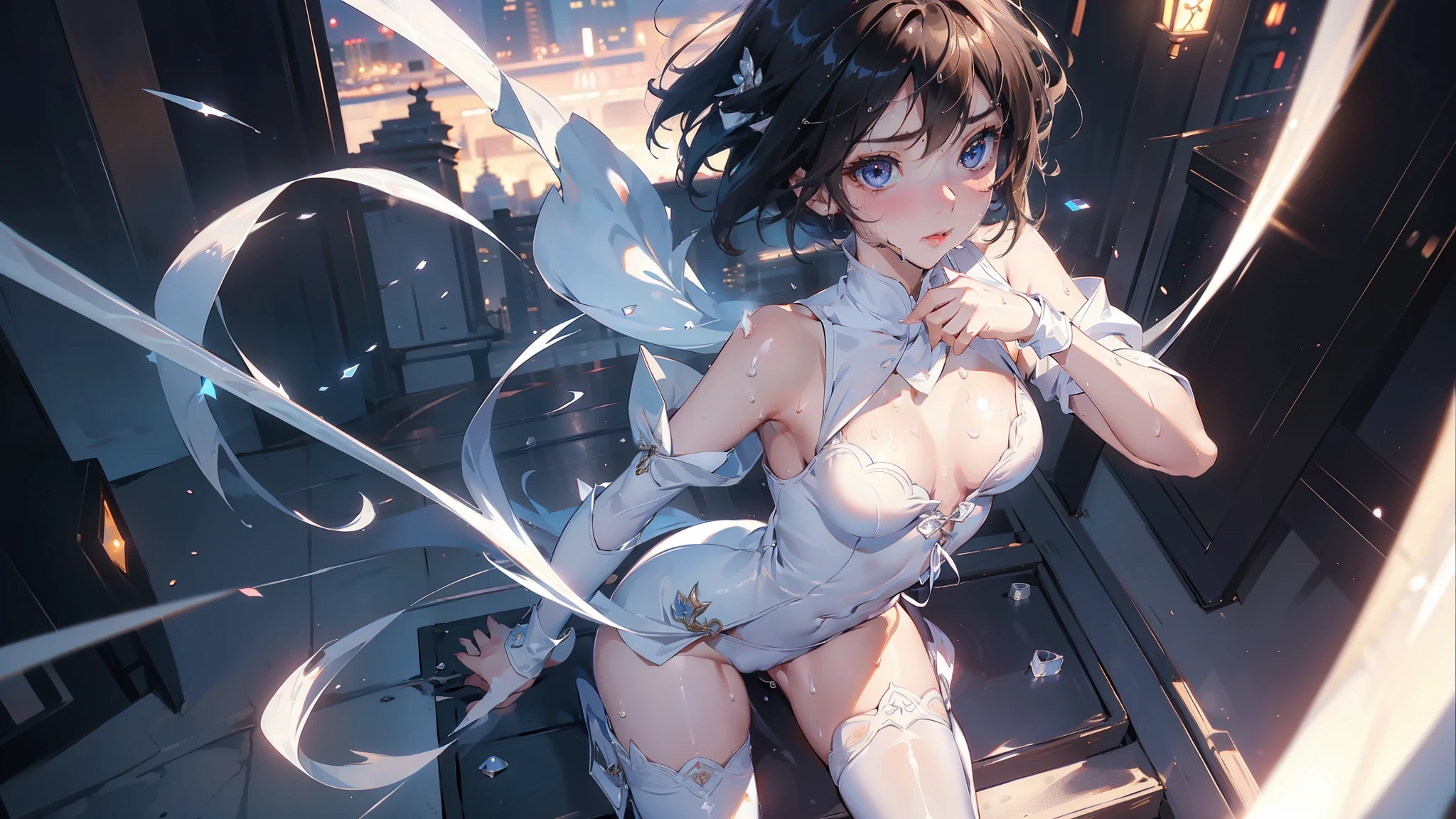 girl、 White underwear、garterbelts、high-heels、Breasts enlarged、Super close-up looking up from below、masterpiece, top-quality, realisitic, ultra-detailliert, (shinny skin, Sweating: 1.4), Versatile sexy poses、short dark hair, Brown-eyed, slender, dynamic light and shadow, hight resolution, sharp focus, depth of fields, Narrow-eyed, Sharp pupils, Realistic pupils, (breasts are small: 1.6), (Thigh thickness: 1.0),Hong Kong-style cityscape at night