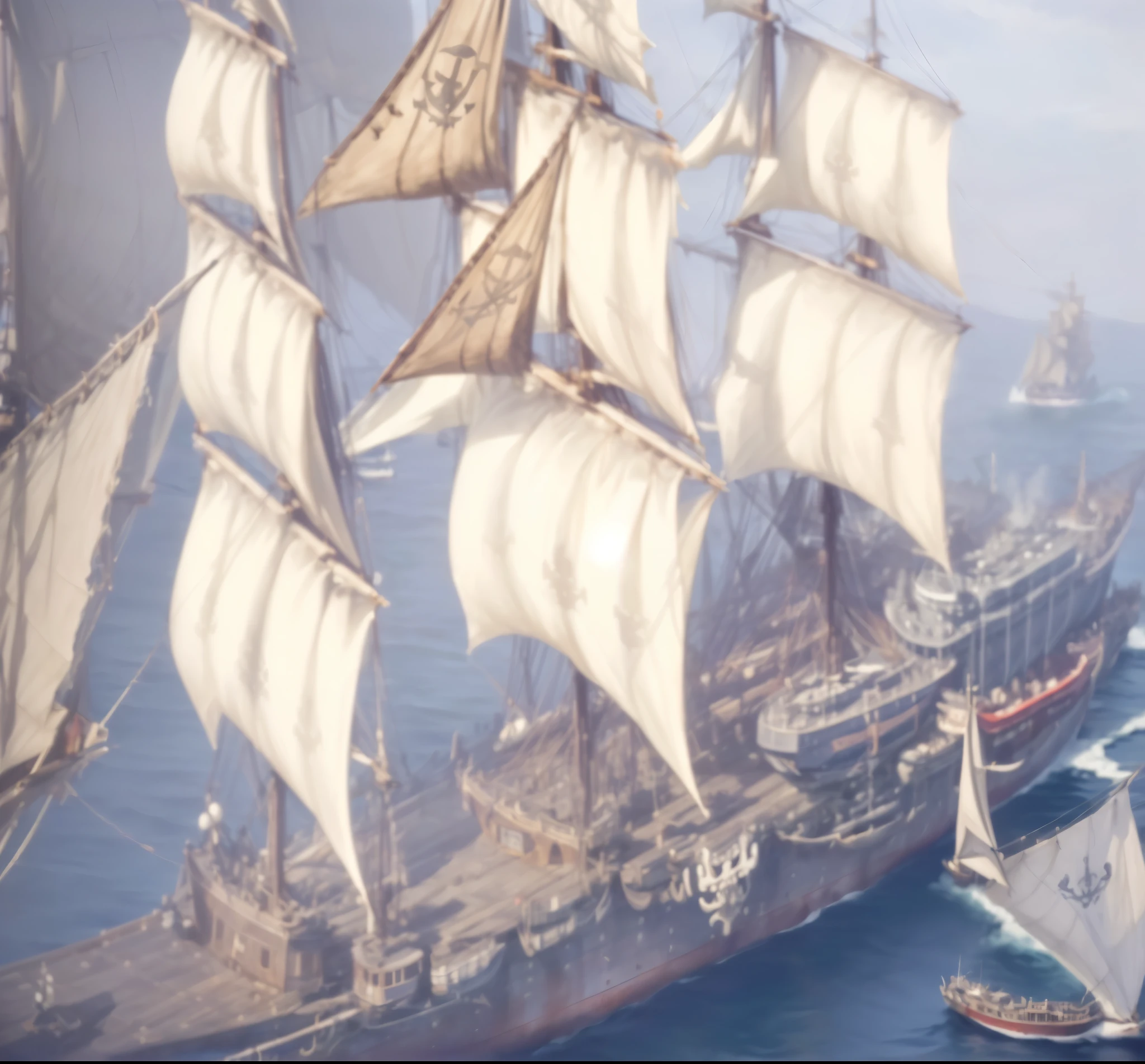 (photorealistic), there is a big ship, which is at the port, ships with паруса underneath, An incredibly huge pirate ship, galleon,, sails with skulls, Naval background, swashbuckler class pirate, ships, against the backdrop of a pirate ship, ships with паруса, flying ships in the background,
