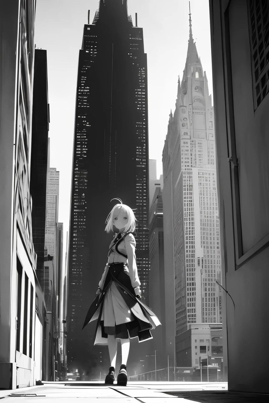 1 girl 14 year old walking, character, with long to knee white hair, Chibi style, real, art, explosion, beautiful, realistic, masterpieces, top quality, best quality, official art, beautiful and aesthetic, charocal: 1.5, sketch: 1.5, illustration painting, manga, pencil drawing, grayscale, durer-style: 0.5, street, speed, cybercity, wide-angle lens, Sunny day in metropolis with skyscrapers looming overhead. People hurry past, absorbed in their own lives.