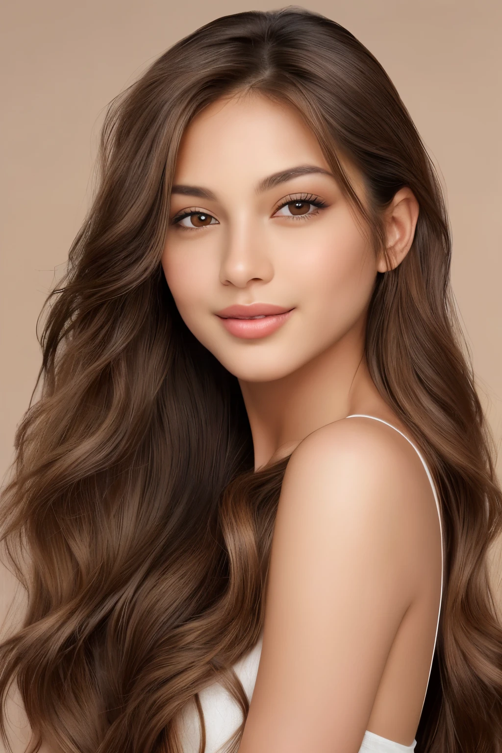 A woman with brown eyes and brown hair, boasting long and luscious locks, strikes a pose for a realistic portrait. Her gaze is fixed on the viewer, inviting a captivating connection. Her lips remain closed in a gentle smile, accentuating the allure of her expressive nose and long, curved eyelashes. The image is set against a warm and earthy brown background, exuding a natural and grounded charm. Exquisitely detailed, every pore on her skin, every strand in her hair, and every texture on the background are brought to life in stunning clarity. The portrait radiates with a crisp, high-definition finish, promising an unforgettable experience for