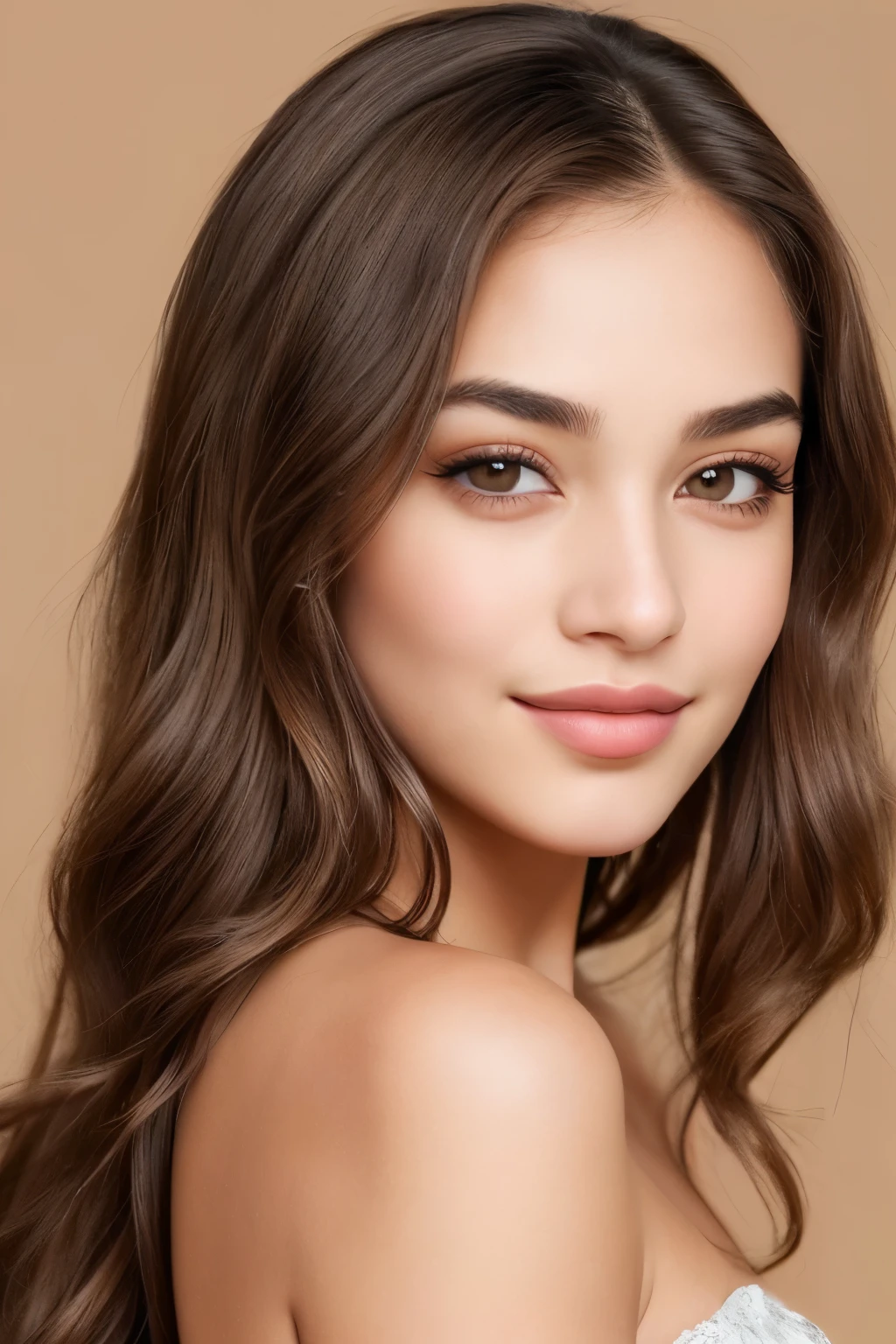 A woman with captivating brown eyes and a realistic, textured face is the central focus of this portrait. Her brows furrow slightly as she gazes directly at the viewer, her long brown hair cascading over her shoulders. The realistic skin on her face is evident in the intricate details of her pores and the subtle imperfections that add character to her visage.
Her lips are pressed together in a soft pout, and a subtle smile plays at the corners of her mouth. Her nostrils are visible, and her nose is finely detailed, showcasing the intricacies of her features.
The warm brown background adds depth to the image, and her eyelashes are long and