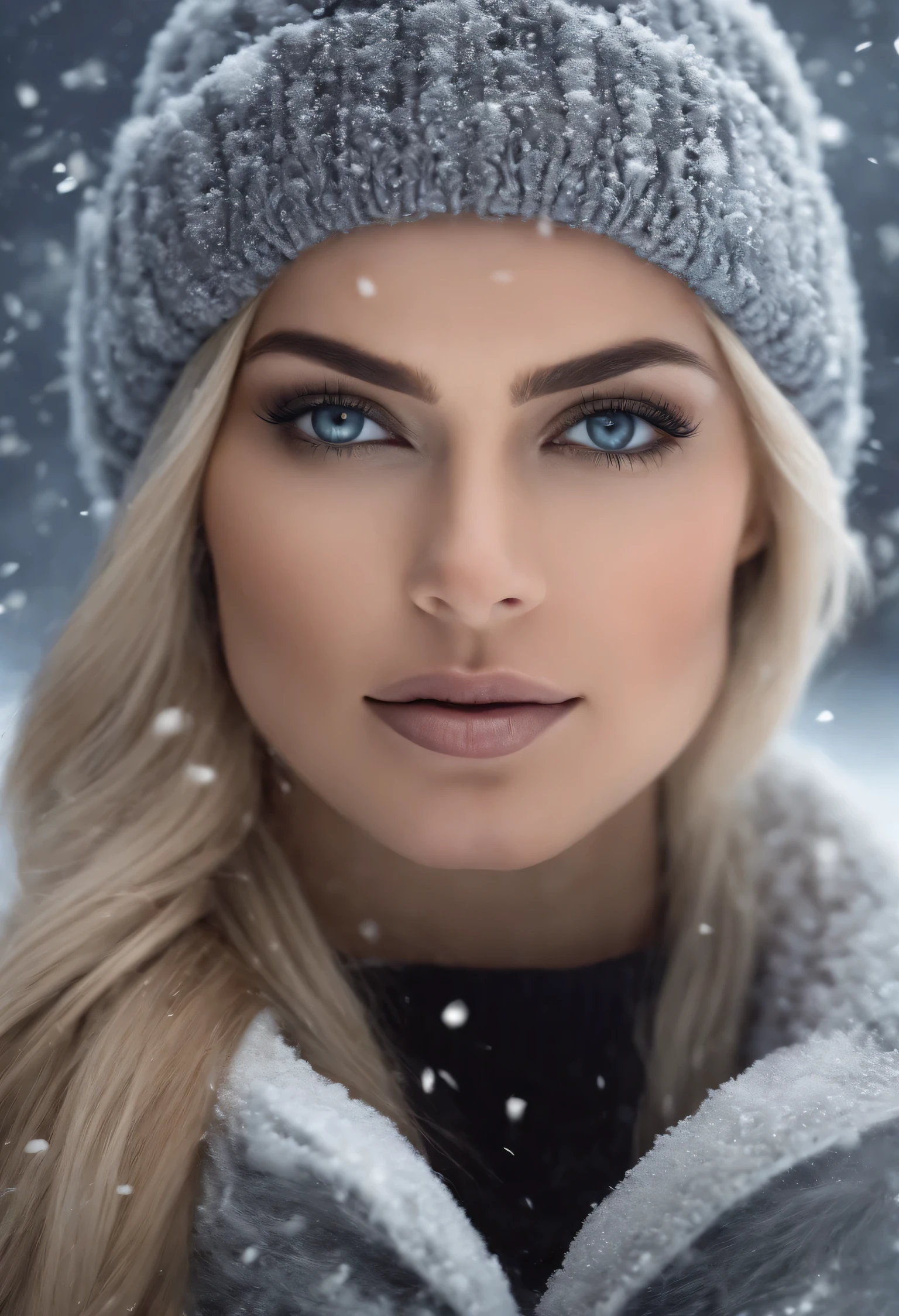 arafed 40 year old thick woman in a gray sweater in the snow, icy eyes, blond hair, pony tail, facing camera, frozen cold stare, karol bak uhd, cold but beautiful, cold hazel eyes, music video, fierce expression 4k, snowing, cold snow outside, cold winter, ice-hazel-eyes, beautiful face