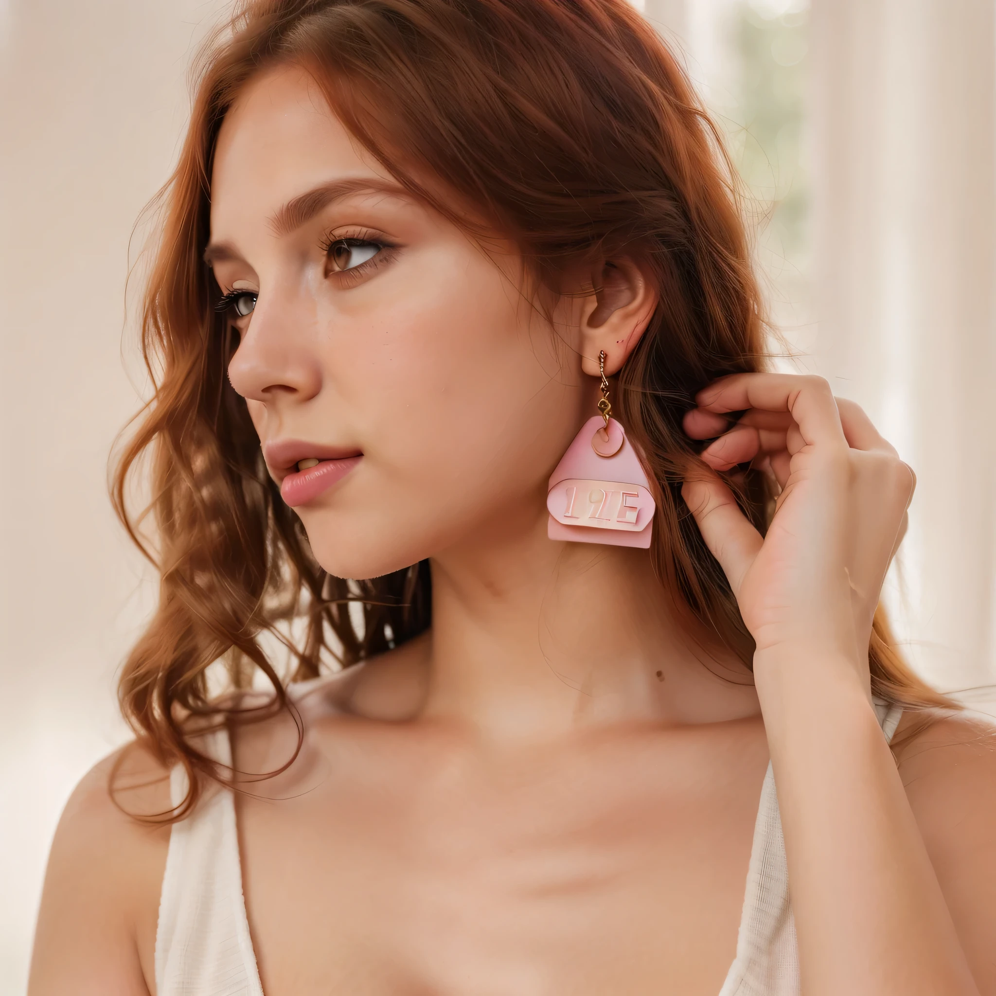 a loose close up of a woman, loose close up, 20 years old, young woman, red hair, wavy hair, long hair, light brown skin, brown eyes, beautiful eyes, slight pink lipstick, a small beautiful elegant earring on her ear, queer make up, sexy pose, holding her hair with her hand, in a pastel color background, empty backdrop, solid color background, soft light, day light, long exposure, photo realistic, 8k, UHD, high textured skin, high details, highres, hyperrealistic, ccurate, Sony FE 16-35mm, aspect ratio 1:1