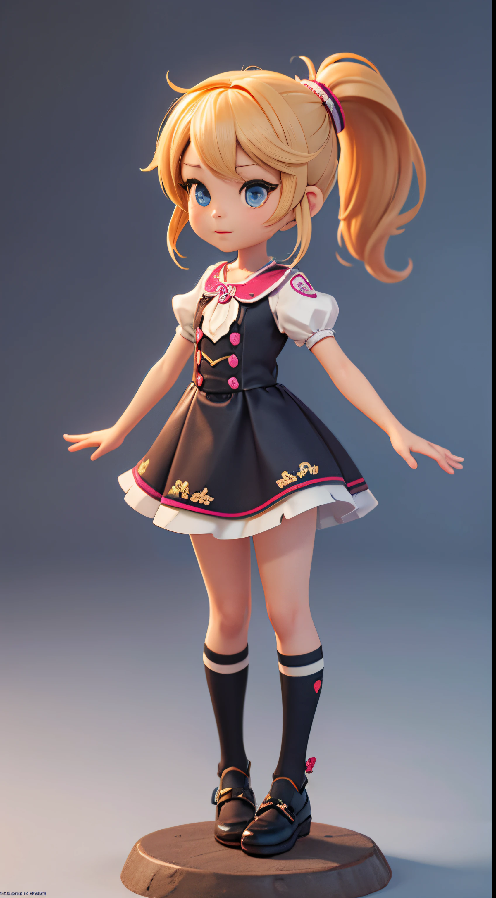 Desenho de uma  com rabo de cavalo e vestido, cute 3d rendering, arte digital detalhada fofa, Mini bonitinho Girl, bonitinho Digital Painting, Stylized 3D rendering, bonitinho digital art, bonitinho rendering 3D anime girl, pequena curva , bonitinho! C4D, Corpo 1 Texto, Standing on a white base