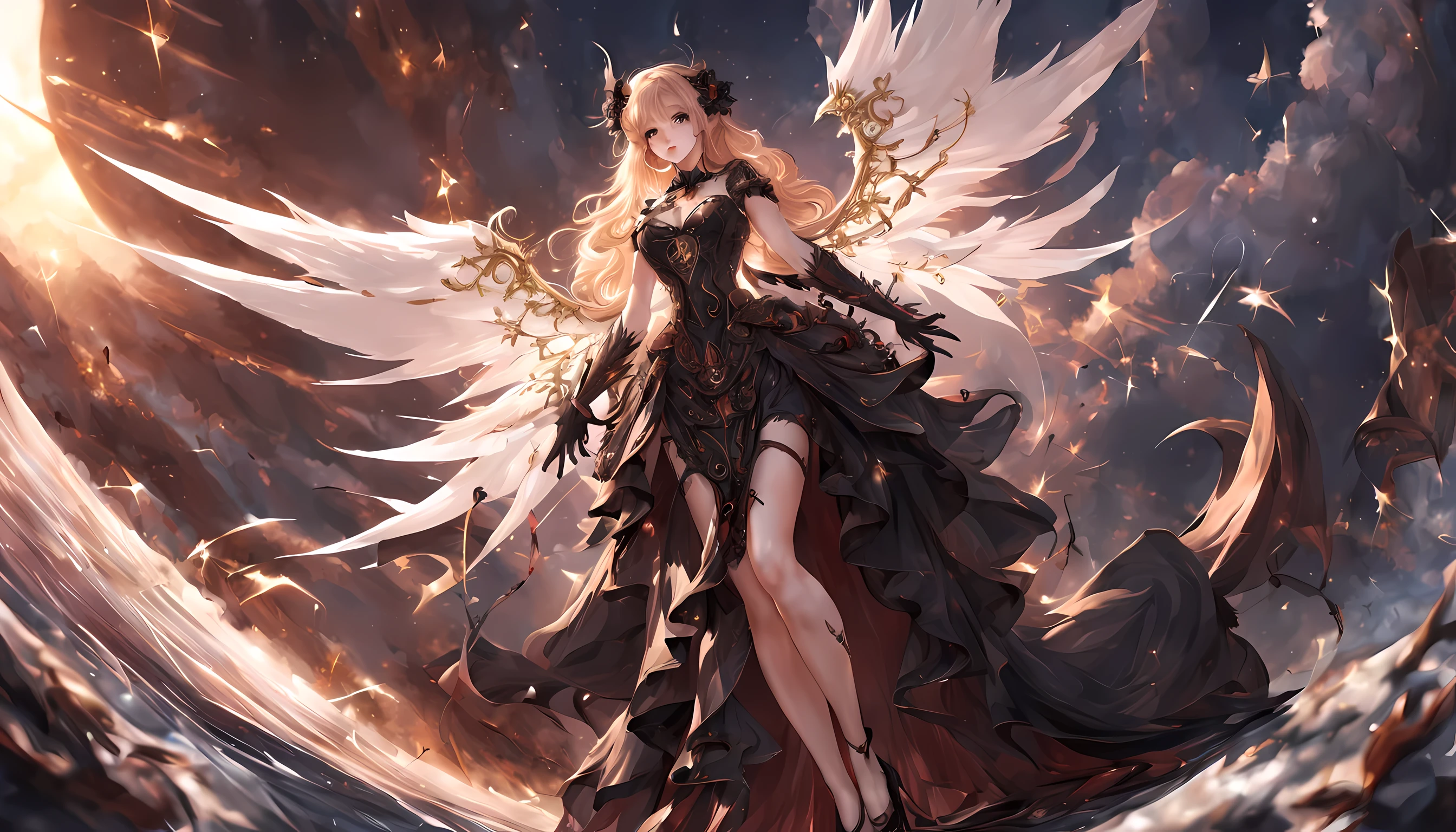 fantasy art, RPG art [[a picture of 2 women]], , a female angel (Masterpiece, intricate details), wearing dress, pale skin, best details beautiful face (Masterpiece, intricate details), blond hair, long hair wavy hair (Masterpiece,  intricate details), blue eyes, high heeled boots, wearing a dresasterpiece, intricate details), large angelic wings, white angelic wings spread [AND] a female demon (Masterpiece, 1.3, intricate details), demon, red skin (Masterpiece,  intricate details), demonic wings, black demonic wings spread, demonic hornasterpiece), red skin (Masterpiece), black hair, red eyes, best details beautiful face (Masterpiece, intricate details), wearing a dressier piece: 1.3, intricate details), high heels, in the border between heaven and hell, moon, stars, clouds, god rays, soft natural light silhouette, dynamic angle, photorealism, panoramic view (Masterpiece 1.3, intense details) , Wide-Angle, Ultra Wide