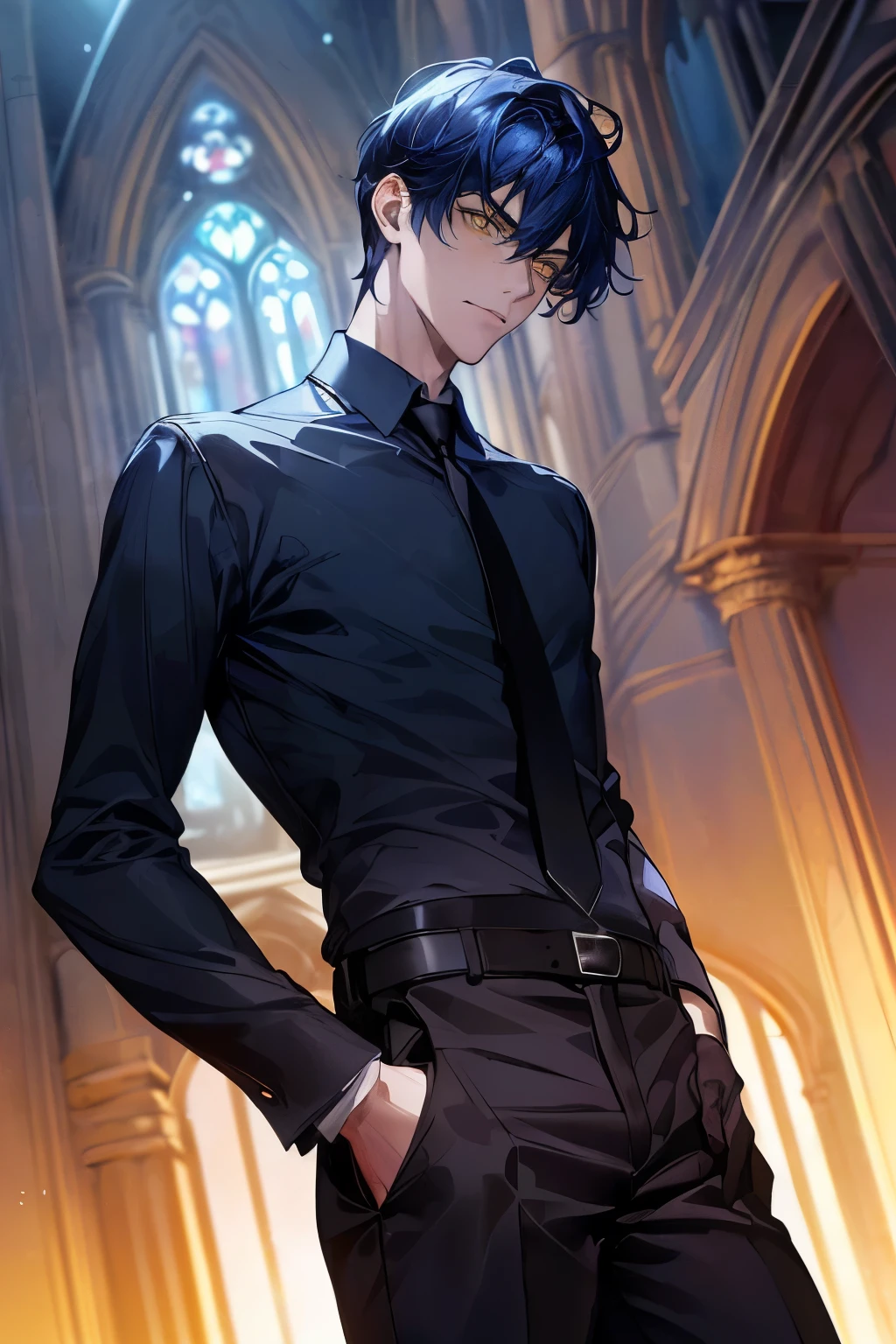 {{top-quality,masterpiece,8k wallpaper}},Ultra-detailed CG Unity,Particle,Cinematographic lighting,((One Man)),a handsome,20-year-old man,((Bust up,Face looking down,low angles,Looking at the camera)),Mocking look,close up of face,sharp gaze,((Eyes glow,Yellow eyes,pupils are small)),((Dark blue hair)),short-haired,Black shirt,Dark blue tie,Church at night,stain glass,Silver Wolf,