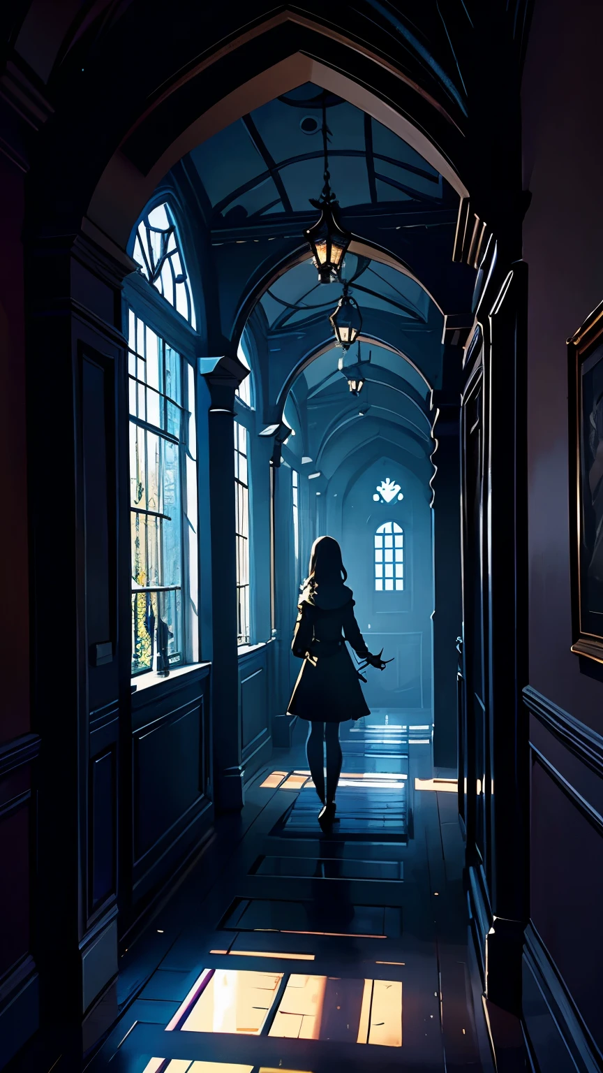 There is a woman walking down a hallway in a dark room - SeaArt AI