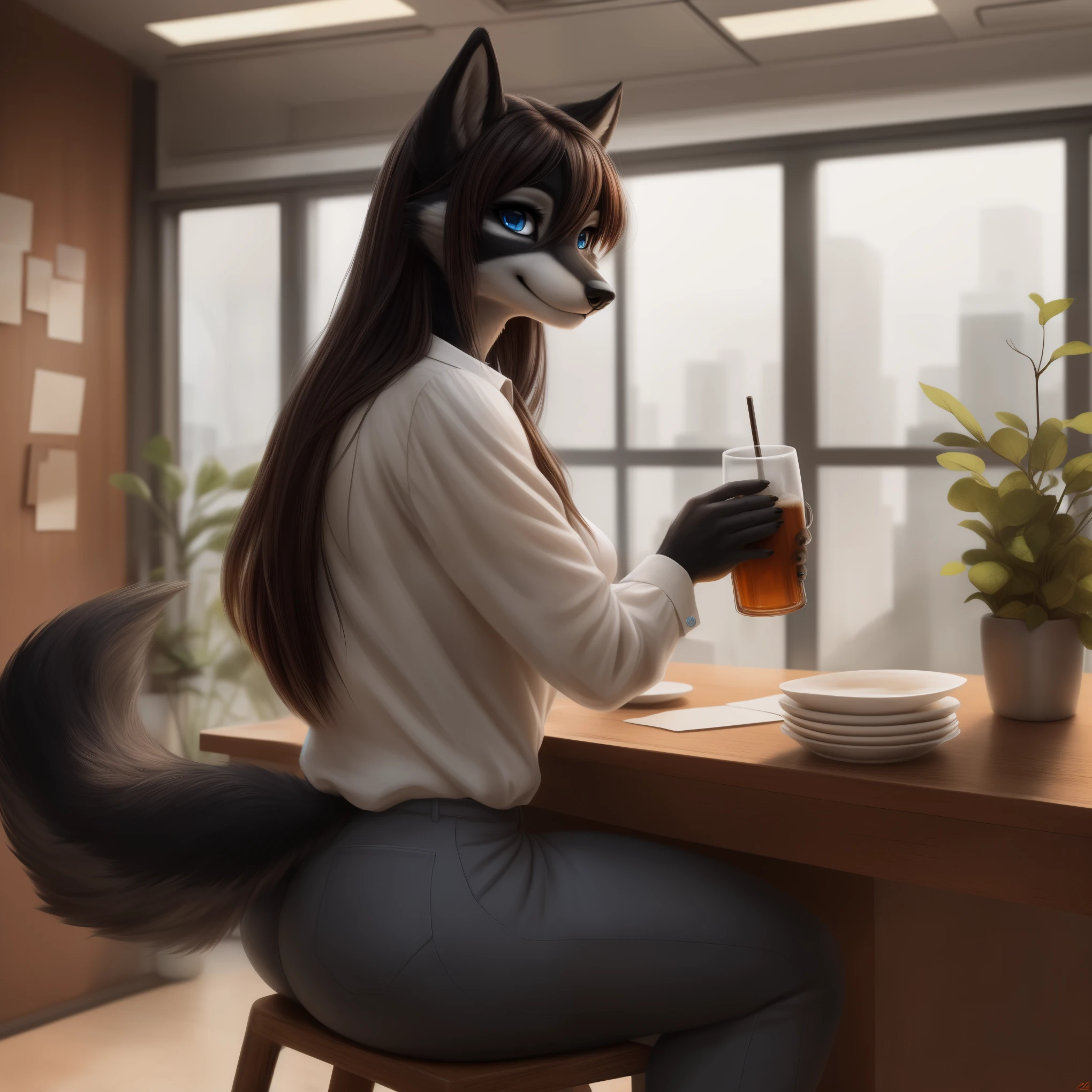  (8K, Masterpiece, high resolution, super fine illustration, detailed background:1.5), (cool, beautiful:1.5), perfect anatomy, (solo, blue eyes, medium long hair,black fur, 1 female wolf kemono:1.5), slender, tall, at office, blouse, jeans, business casual, at restaurant, seated, a few empty dishes on table, drinking beer, big beer jug, happy, tipsy 