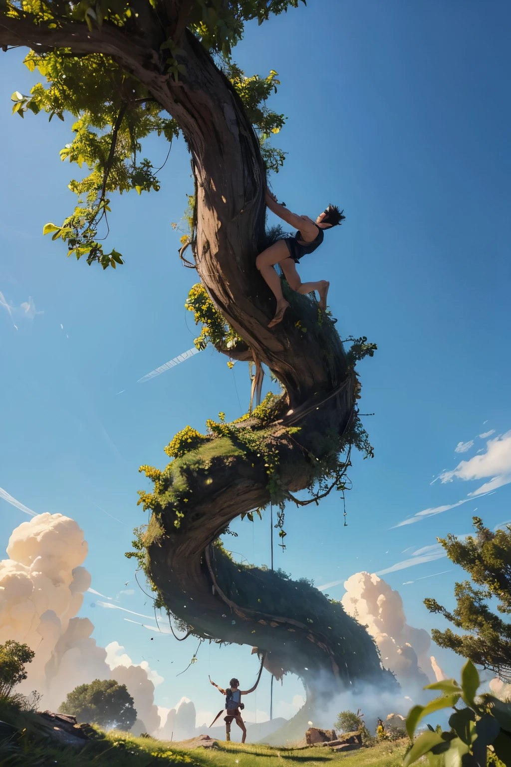 A vine reaching up to the sky. This is a character trying to climb the vine and reach the sky. Behind him is a huge monster like a huge human chasing him.
