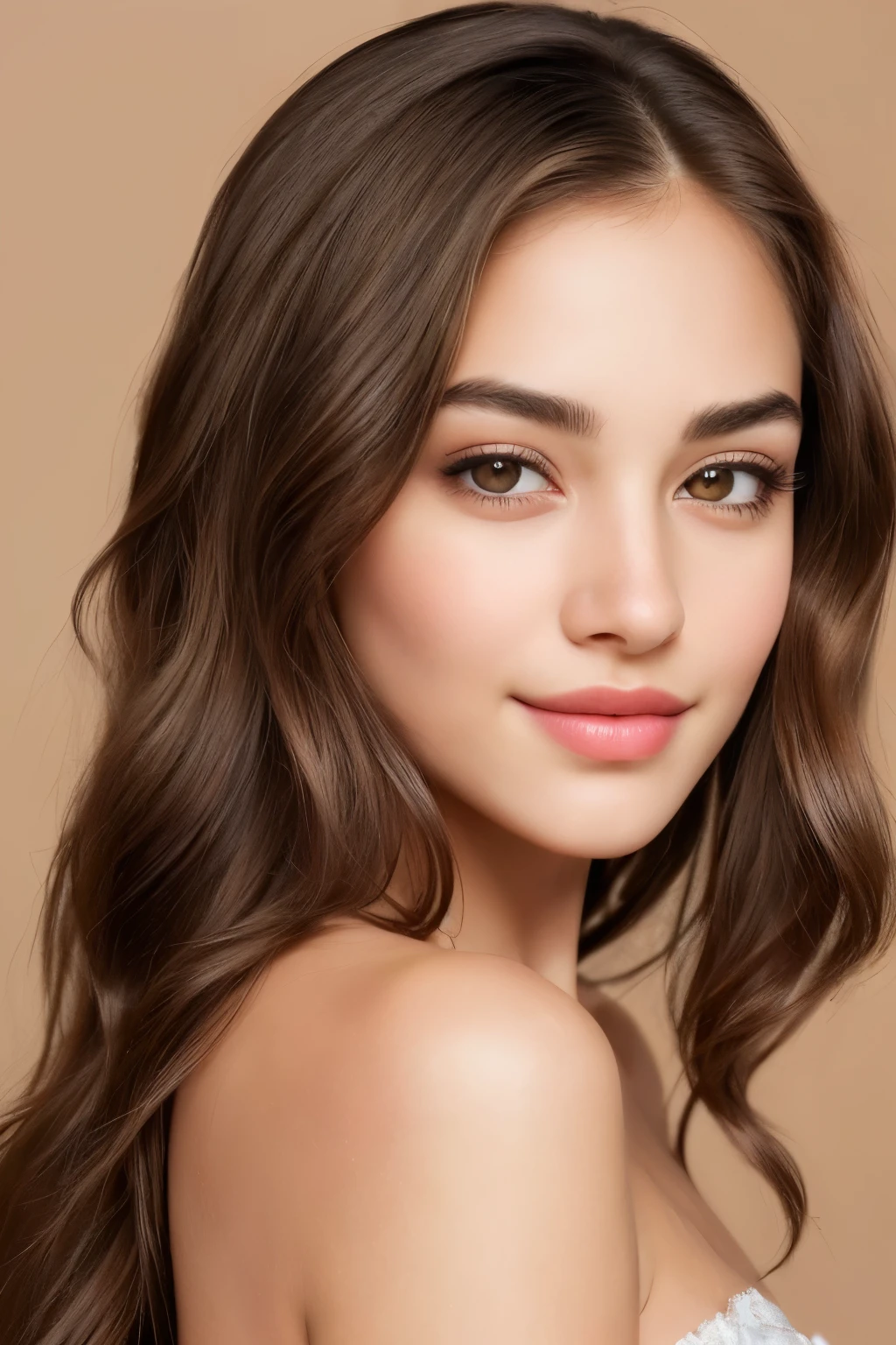 A woman with captivating brown eyes and a realistic, textured face is the central focus of this portrait. Her brows furrow slightly as she gazes directly at the viewer, her long brown hair cascading over her shoulders. The realistic skin on her face is evident in the intricate details of her pores and the subtle imperfections that add character to her visage.
Her lips are pressed together in a soft pout, and a subtle smile plays at the corners of her mouth. Her nostrils are visible, and her nose is finely detailed, showcasing the intricacies of her features.
The warm brown background adds depth to the image, and her eyelashes are long and