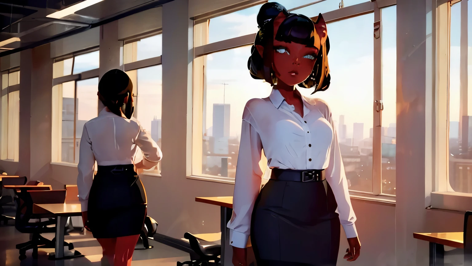 (((Masterpiece, highest quality, high definition, high detail)))), (((modern))), ((office building)), ((Inside the office)), (((leaning against wall))), (People working in the office), 1girl, beautiful face, tall body, muscular body, red oni, colored skin, red skin, pointy ears, ((short white hair in a bun)), mole, oni, blunt bangs, white shirt, black pencil skirt