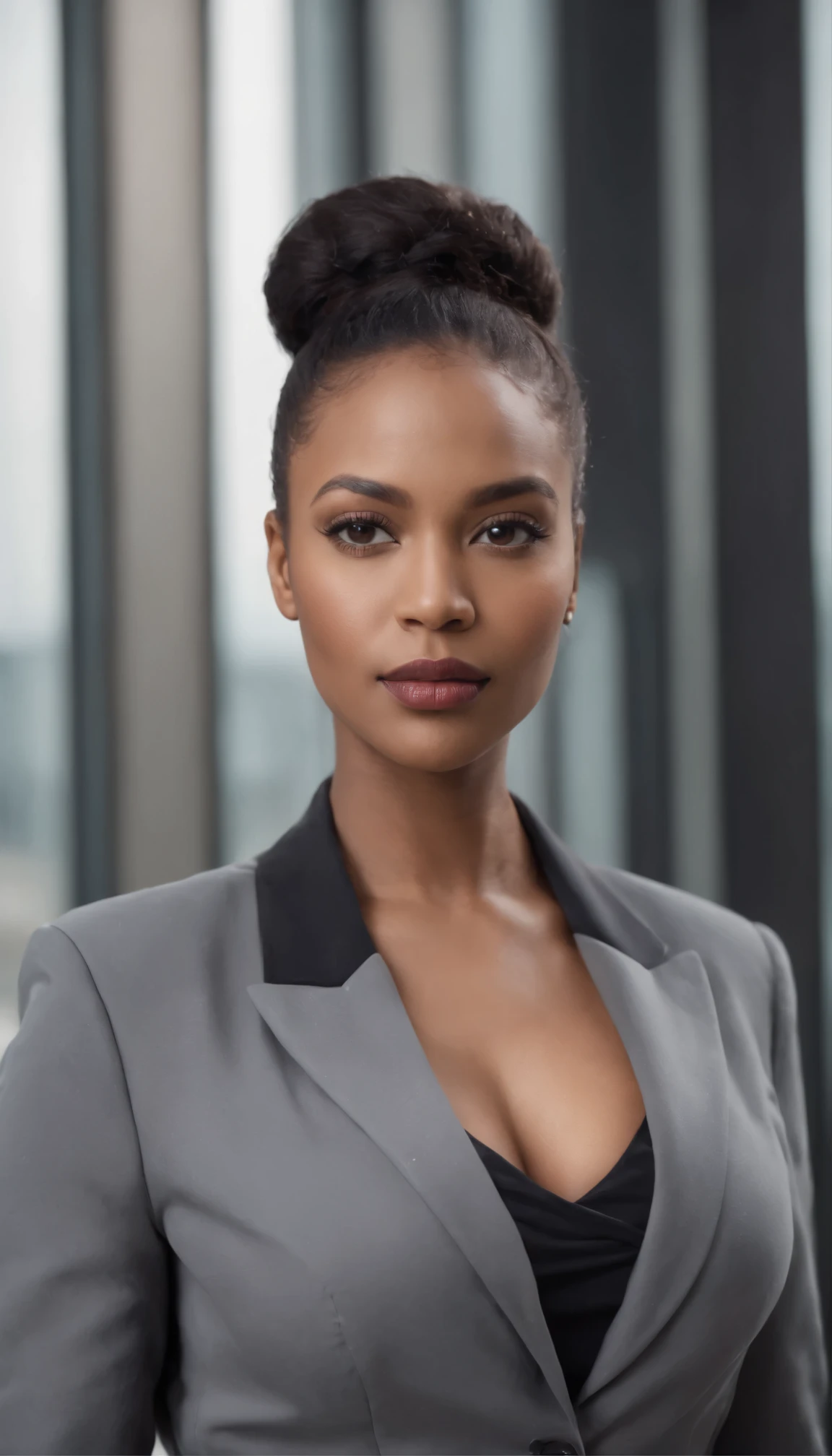 Portrait of a black woman as a CEO, gray custom tailored suit, blazer, pants, curvaceous, voluptuous, huge breasts, small waist, high cheekbones, plump lips, ponytail with side bangs, tall