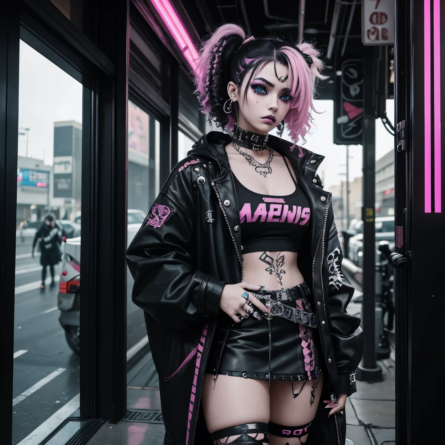 Anime/cyberpunk, 22 year old, woman, wears alternative and emo clothes, wears short skirts, does grunge makeup, is mixed white and black with curly black and pink dyed hair, has snake bite piercings, has a septum piercing, has a eyebrow piercing, has multiple ear piercings
