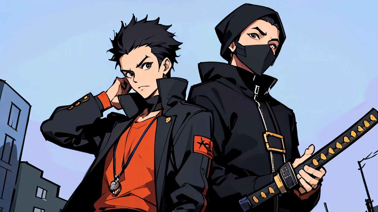 The Boondocks type arte, two guys, two gansters, tattoed, katana, street wear, ski mask on face