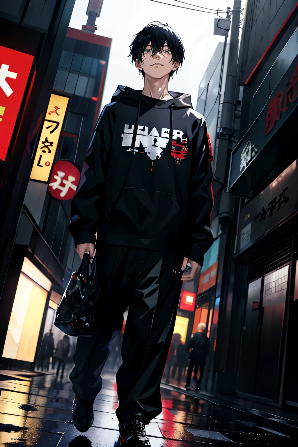 Walking out of the bomb pile, kk, best quality, more details, masterpiece, 1boy, kaneki ken, portrait, male focus, yelow eyes, black hair, solo, bangs, looking at viewer, Black shirt, short hair, rain, tokyo tokyo \(city\), hood up, nail polish, white hair, luxurious, 8k, detailed, ray tracing, depth of field, cinematic lighting, ((Bust up,Face looking down,low angles,Looking at the camera))
