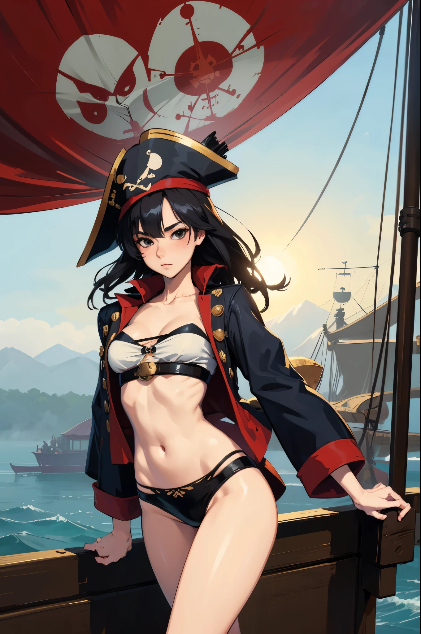 a sexy japanese woman wear pirate hat, pirate outfit, on a pirate ship, fog, soft light, (best quality), (masterpiece), slim, long legs, (flat chested), anime
