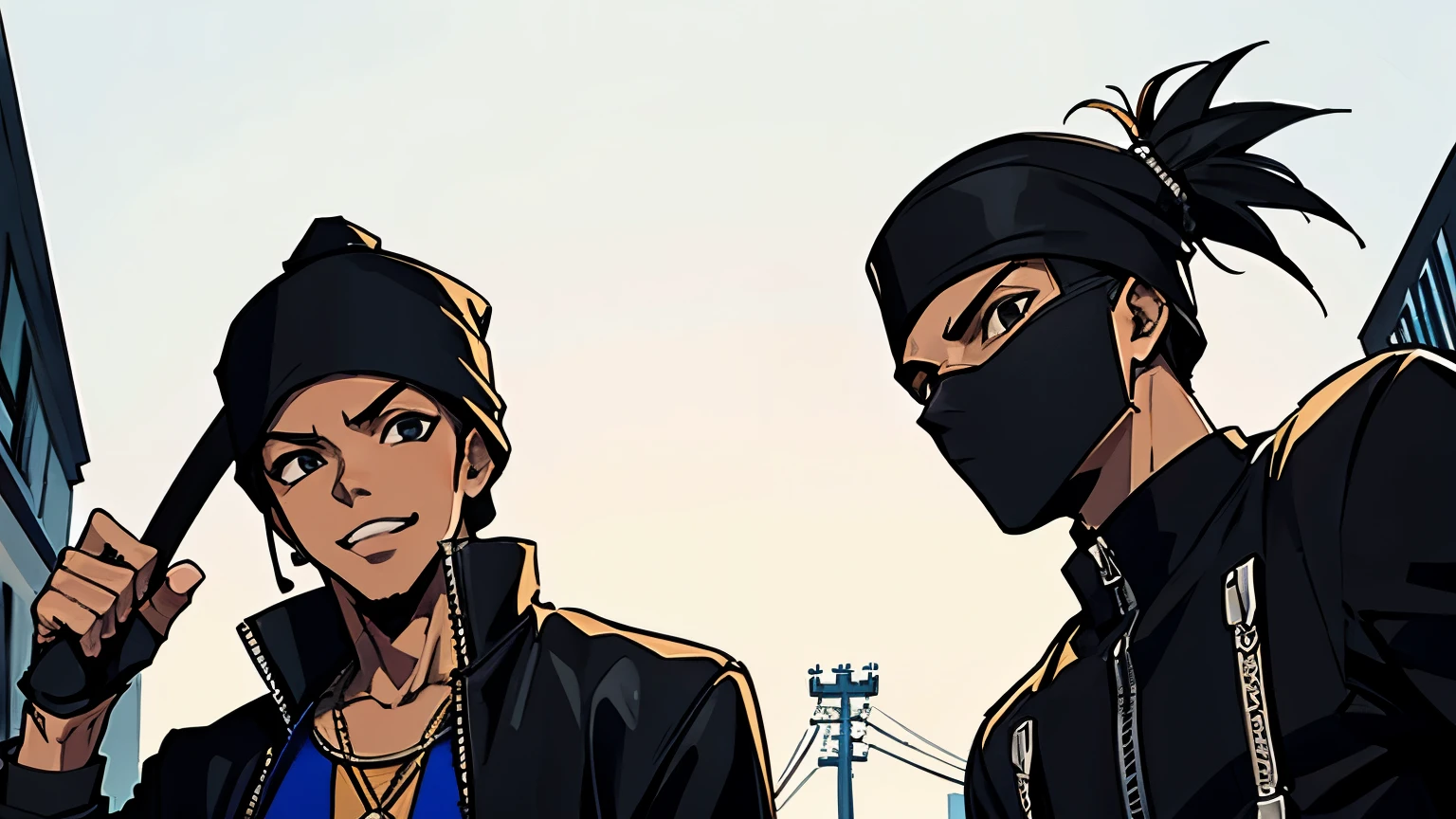 The Boondocks type arte, two guys, two gansters, tattoed, katana, street wear, ski mask on face
