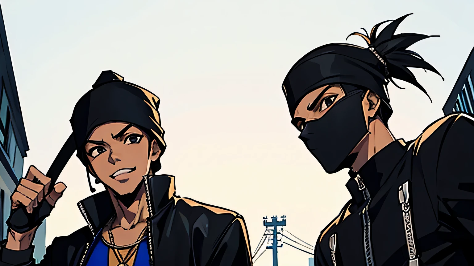 The Boondocks type arte, two guys, two gansters, tattoed, katana, street wear, ski mask on face