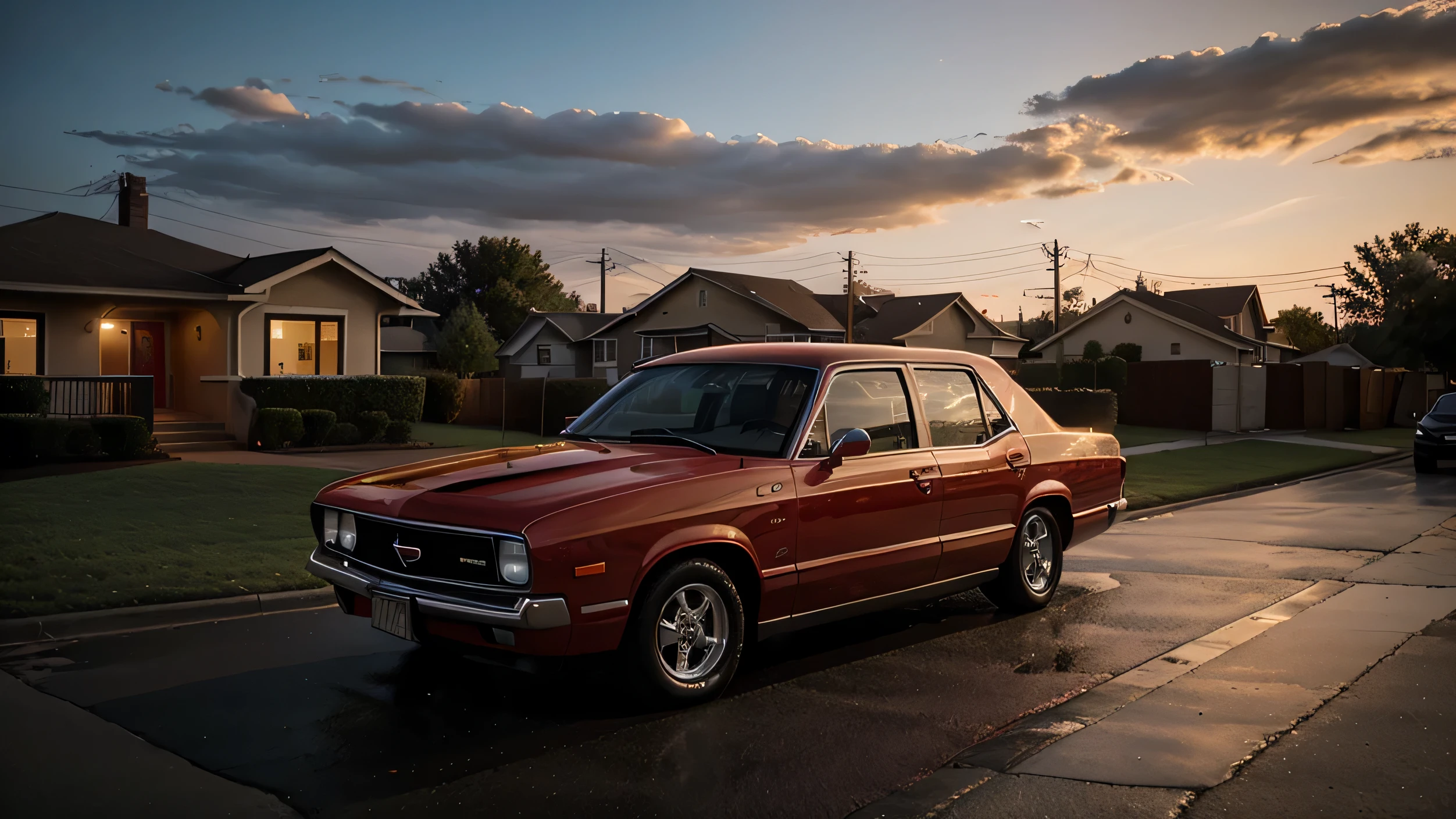 voiture rouge, in an American neighborhood, Temps venteux, evening
