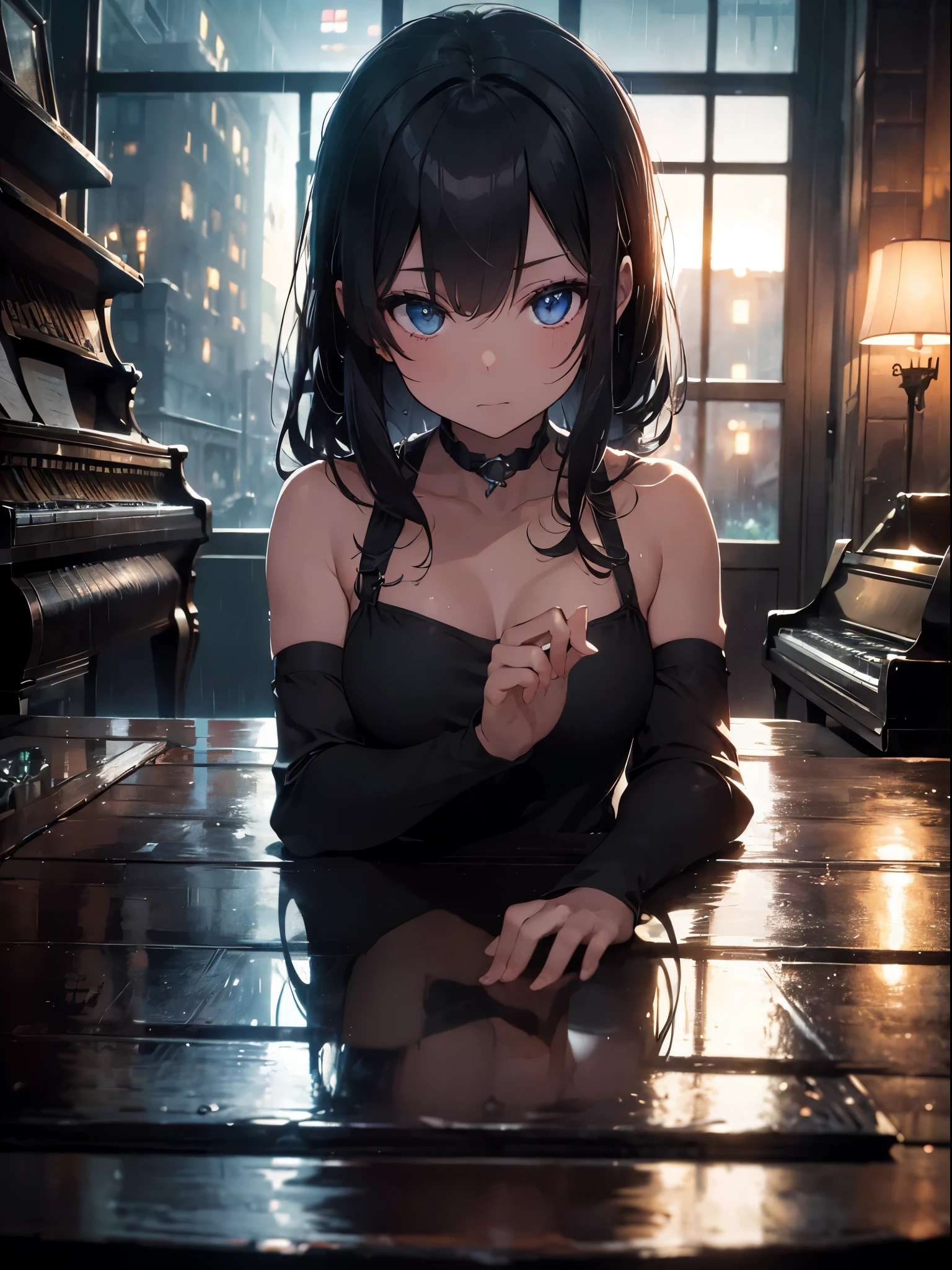masterpiece,(highest quality),very detailed,super detailed,(dark),(intense shadow),(at the castle),(Rainy night in neon-lit cyberpunk city),(piano),(player),(alone),(elegant),(Long black gown),(reflection on the piano),(soft candle light),(melancholic),(gentle touch),(Flowing notes),(Emotional),(Fingers sliding over the keyboard),cold, alone, (1 gil), detailed eye,(Right Eyes: 0.8)