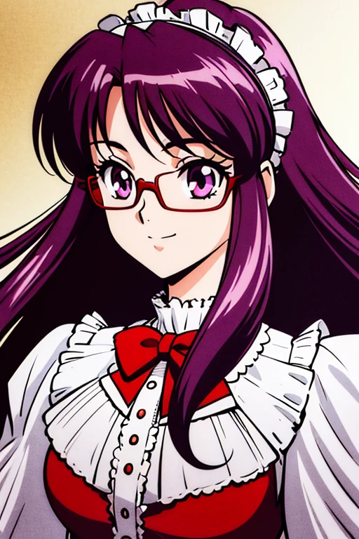 160cm girl, human body, victorian lolita clothes, red dress, red glasses, Purple eyes, Purple hair, long air, hair behind ears, hair lolita band, light smile, no background, anime, bust chart, Eye-Level Shot, anatomically correct, ccurate, best quality, highres