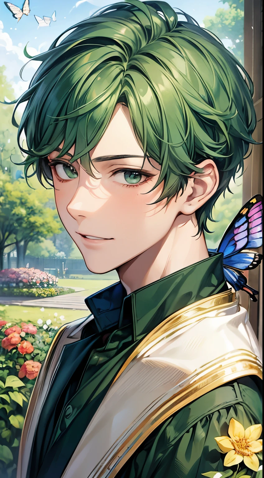 (Best quality, masterpiece, hyper-realism), 1 handsome and cheerful portrait of a boy with a soft and peaceful expression, background scenery with garden with flowers and butterflies flying around, green hair.Anime