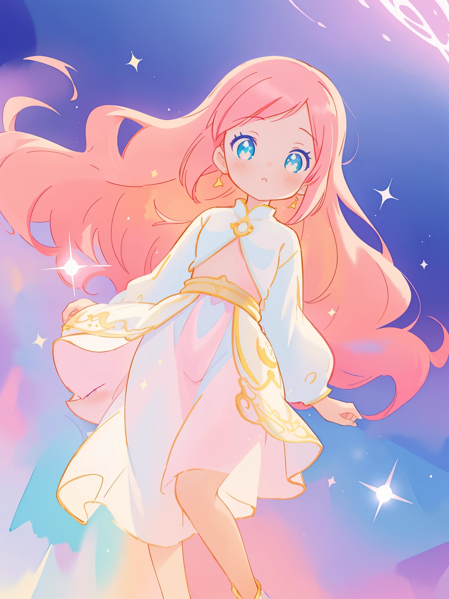 beautiful girl in white arabian two-piece dress, arabian princess, long colorful sparkling pink hair, watercolor illustration, Lois van Baarle, glowing aura around her, Glen Keane, jen bartel, glowing hair, beautiful digital illustration, fantasia background, beautiful, masterpiece, best quality, anime disney style, (detailed eyes), golden ratio, perfect composition