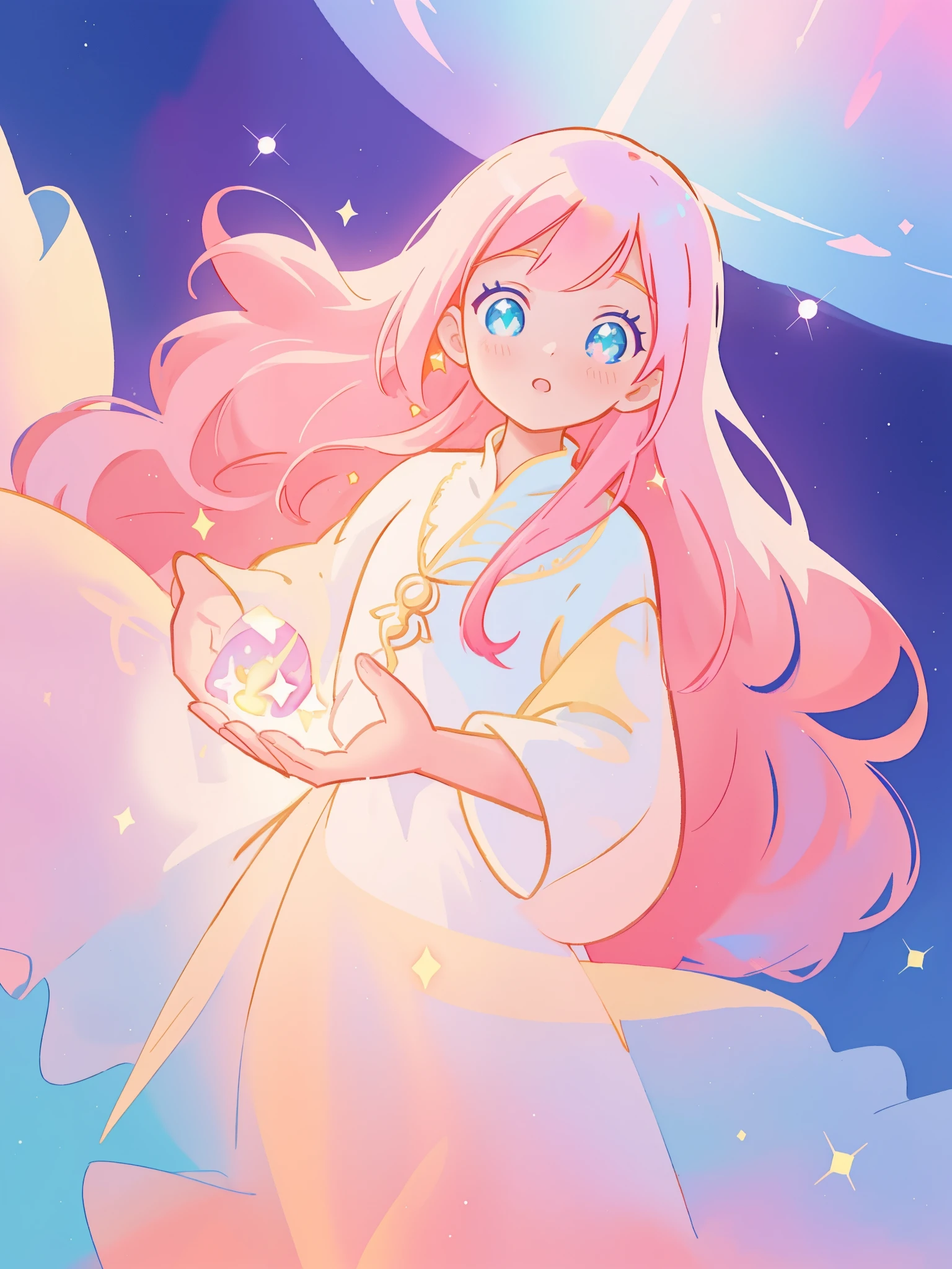 beautiful girl in white arabian two-piece dress, arabian princess, long colorful sparkling pink hair, watercolor illustration, Lois van Baarle, glowing aura around her, Glen Keane, jen bartel, glowing hair, beautiful digital illustration, fantasia background, beautiful, masterpiece, best quality, anime disney style, (detailed eyes), golden ratio, perfect composition