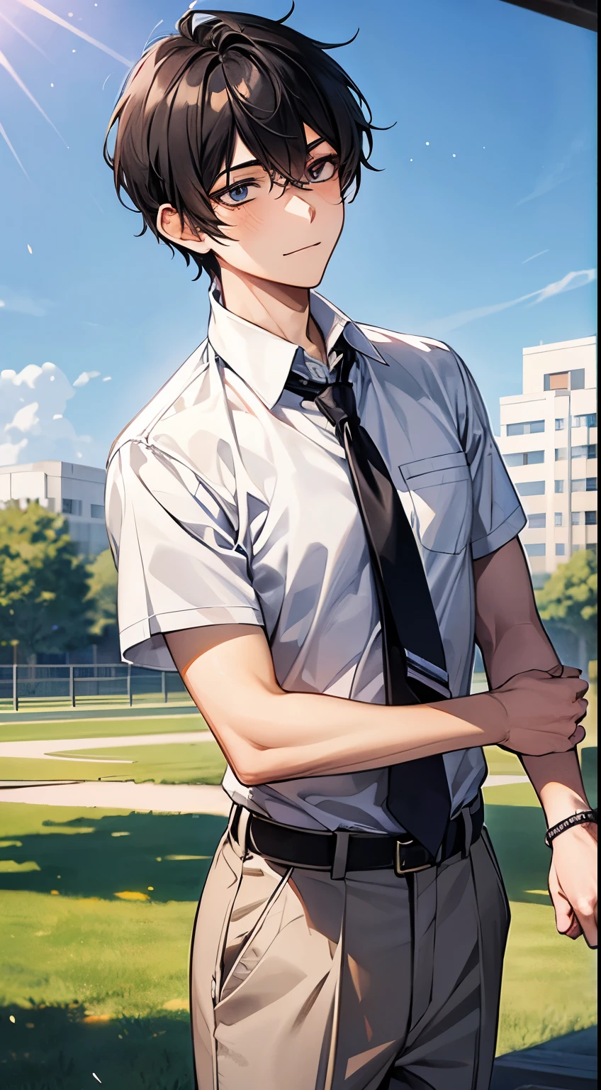 1 male high school student,Face focus,shoun,Young men,with short black hair,high school senior,Simple school uniform,white shirt,tiese,trouser,the sky background,beautidful eyes,best qualtiy,detail in face,school ground,Playground guardrails,Background of details,Diffused sunlight,depth of fields,Background bokeh,(tmasterpiece,best qualtiy)anime
