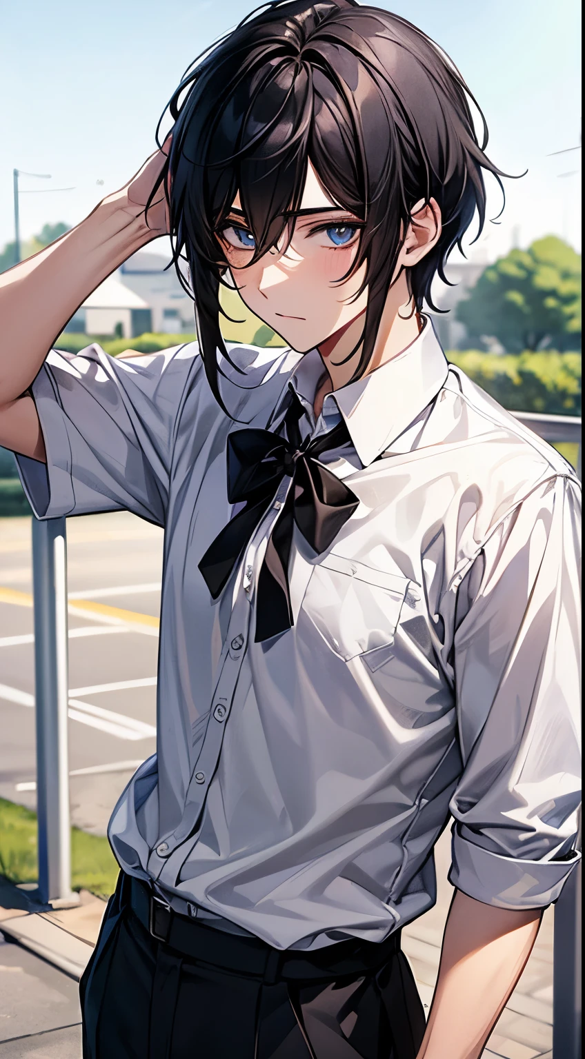 1 male high school student,Face focus,shoun,Young men,with short black hair,high school senior,Simple school uniform,white shirt,tiese,trouser,the sky background,beautidful eyes,best qualtiy,detail in face,school ground,Playground guardrails,Background of details,Diffused sunlight,depth of fields,Background bokeh,(tmasterpiece,best qualtiy)anime