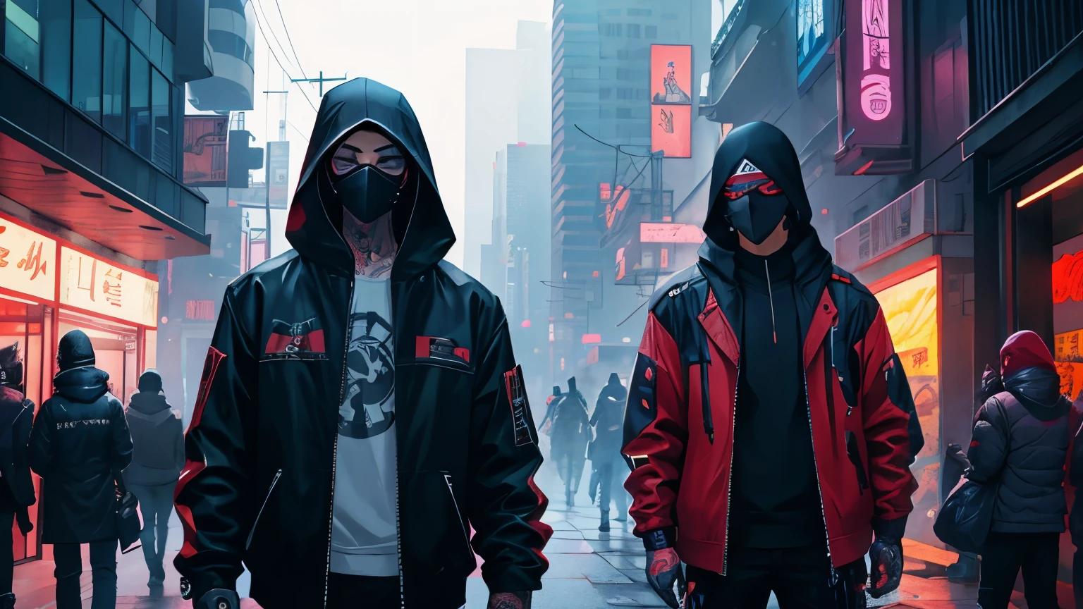 cyberpunk anime type arte, two guys, two gansters, tattoed, katana, street wear, ski mask on face