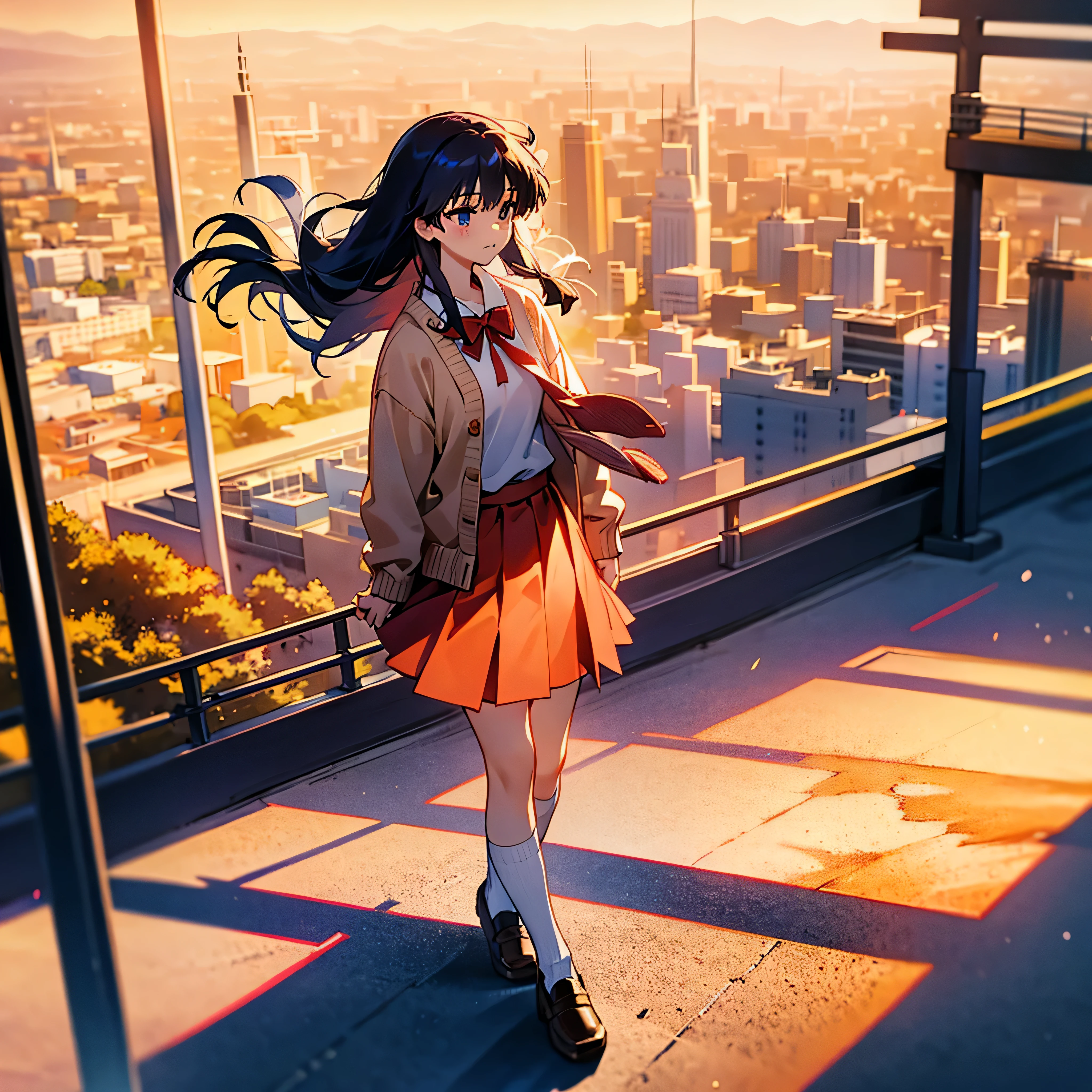 1girl, best quality, hdr, kawana misaki, one_misaki, ONE kagayaku kisetsu he, blue eyes, no eye pupils, no eye pupils, long hair, dark blue hair, school uniform, red skirt, red skirt, knee length skirt, white socks, brown shoes, white shirt with a red bow, sand colored cardigan sweater, apathic face, standing still, looking at a distance, full body, school rooftop, sunset sky