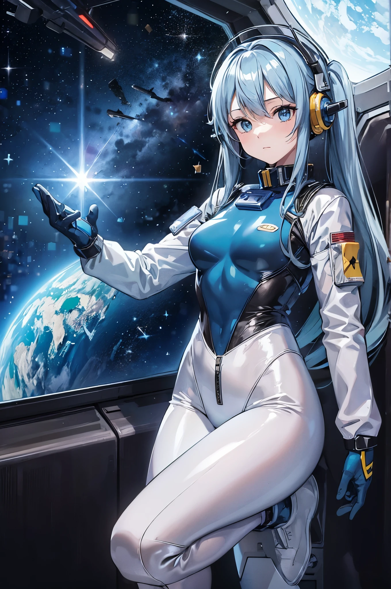 masterpiece、highest quality、Ultra - High resolution、highest resolution、very detailed、professional lighting、enlightenment、(futuristic spaceship interior)、(Inside the space station)、spaceship cockpit、You can see the earth outside the window、light blue long hair、woman with twin tails,(space helmet):1.8,(Spacesuit:1.4),(Glossy Latex Silver Bodysuit):1.3,(No expression:1.5),(real face):Glittering hair ornament, headphones,Spacesuit、(slight smile:1.0)、beautiful skin、