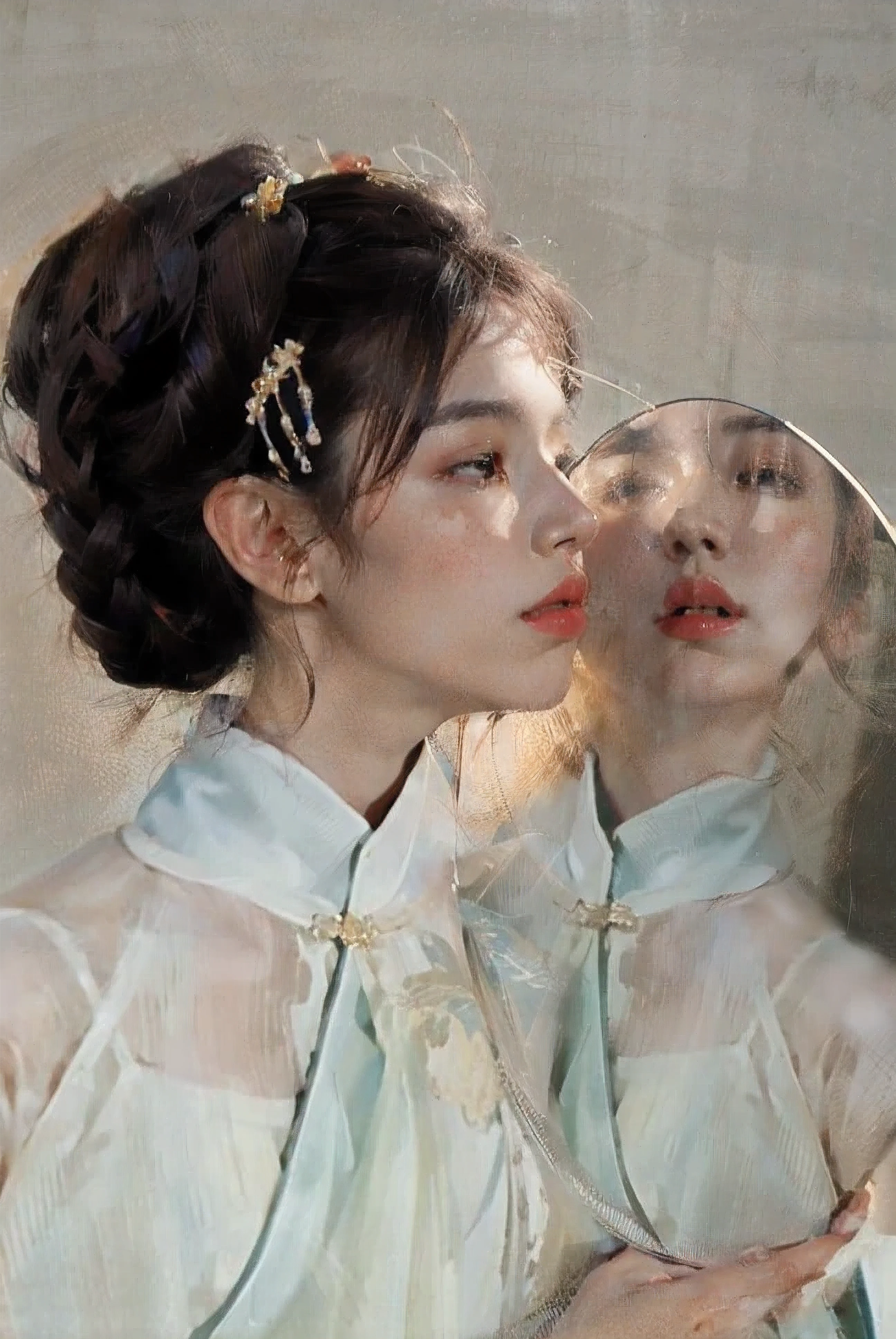 best quality,masterpiece,(painting:1.5),look in the mirror的中国女人,Ancient mirrors,round mirror,Copper mirror,Ancient Chinese costumes,black hair,curls,Tie your hair back,Exquisite facial features,Ming Dynasty hairstyle tied behind the head,look in the mirror,Ancient mirrors,White translucent clothing,Hanfu,Costume robe,Translucent white long skirt,white clothing,(Amy Saul:0.248),(Stanley Ategg Liu:0.106),(a detailed painting:0.353),(文艺复兴古典painting风格:0.8)