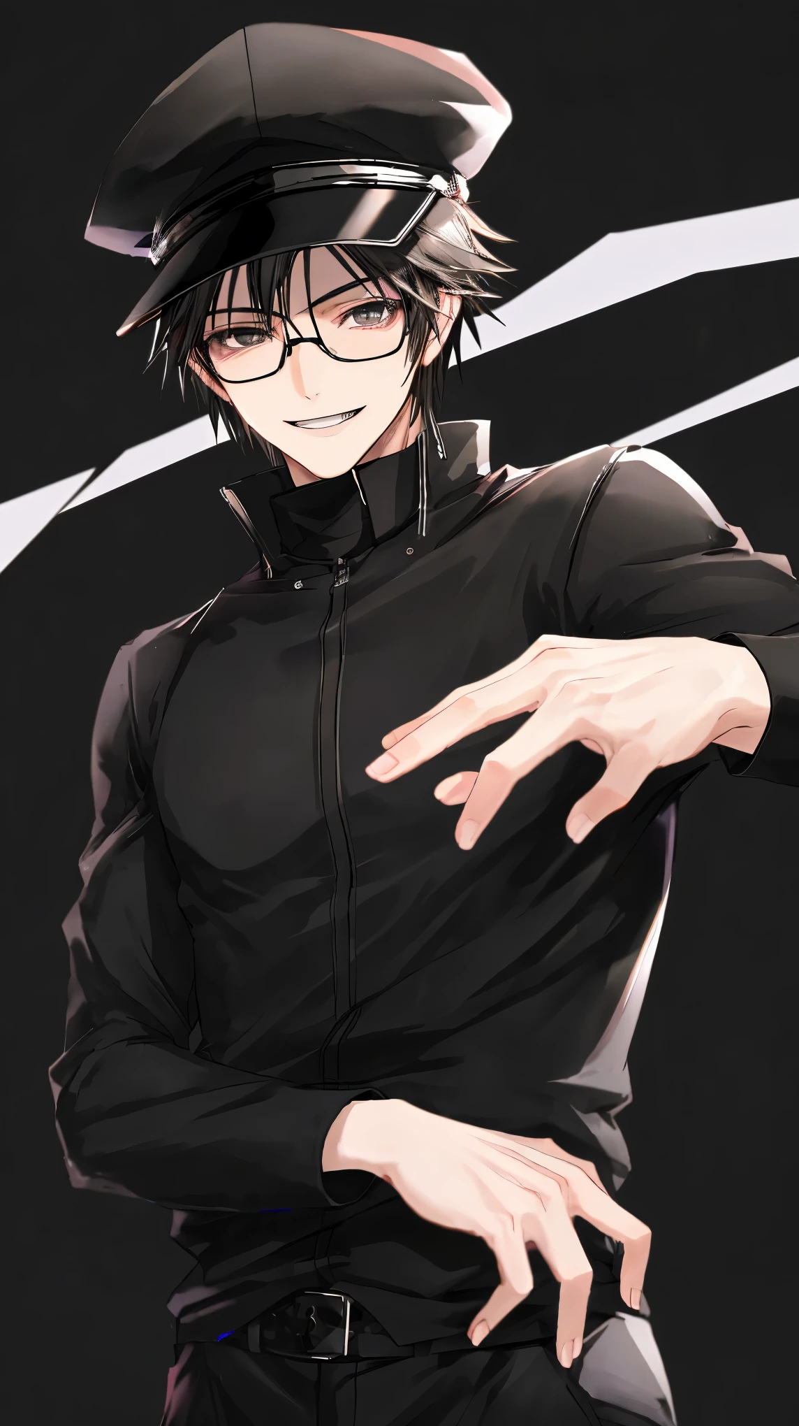 (best quality,realistic:1.2),anime,smiling boy,wearing black glasses and black cap