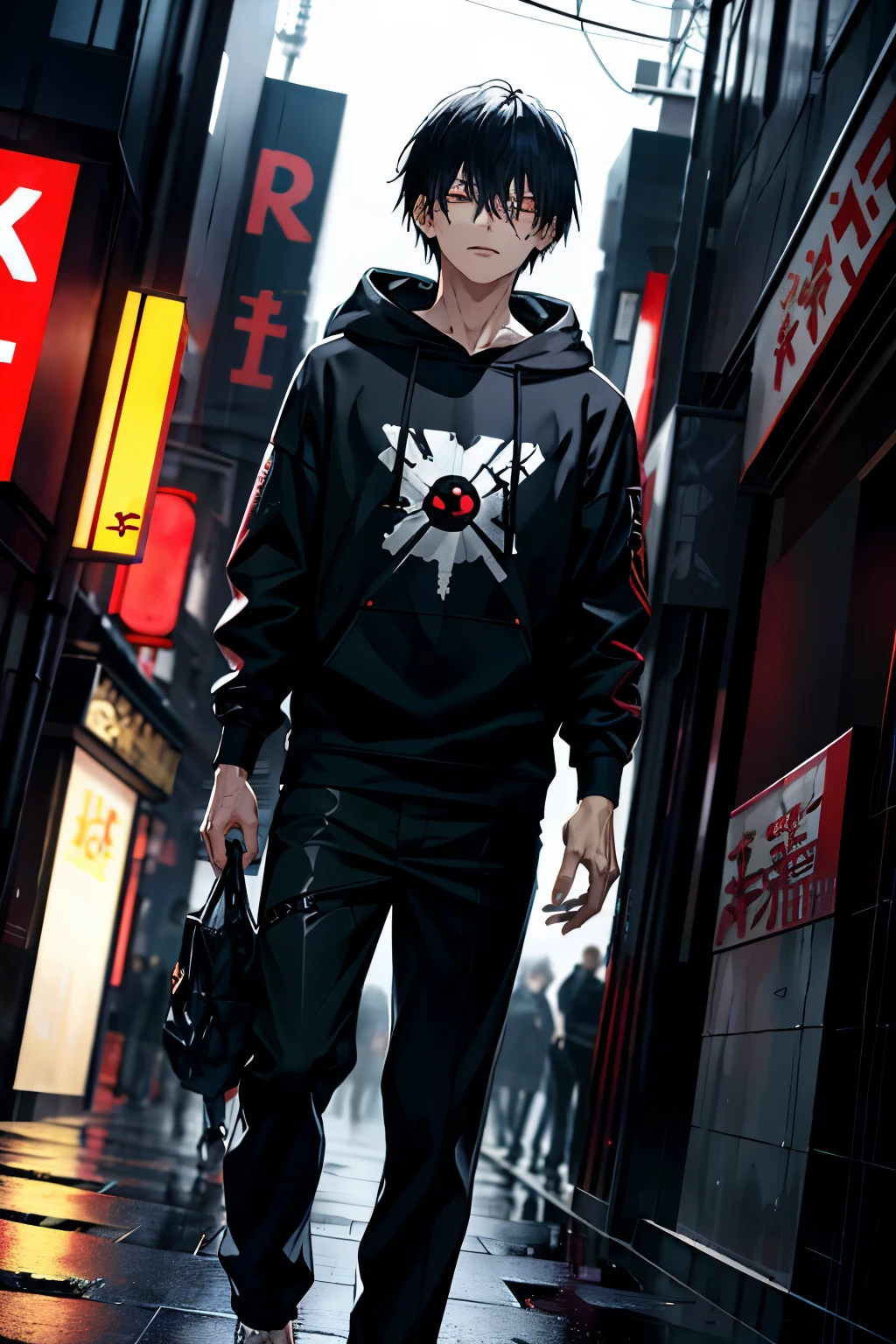 Walking out of the bomb pile, kk, best quality, more details, masterpiece, 1boy, kaneki ken, portrait, male focus, yelow eyes, black hair, solo, bangs, looking at viewer, Black shirt, short hair, rain, tokyo tokyo \(city\), hood up, nail polish, white hair, luxurious, 8k, detailed, ray tracing, depth of field, cinematic lighting, ((Bust up,Face looking down,low angles,Looking at the camera))