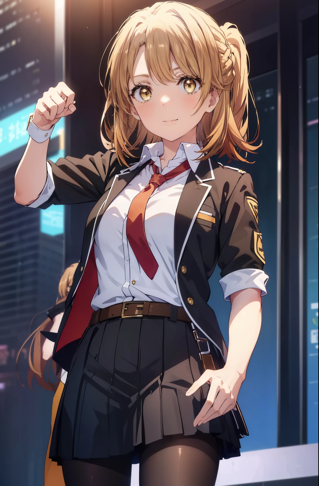 irohaisshiki, iroha isshiki, long hair,short braided hair,ponytail, brown hair, (brown eyes:1.5), smile,skirt, tie, white gloves, police uniform, belt, black pantyhose, Jacket,smile,armband, big breasts, put your hand on your waist, leaning forward, Are standing,
break outdoors, 街中
break looking at viewer,
break (masterpiece:1.2), highest quality, High resolution, unity 8k wallpaper, (figure:0.8), (detailed and beautiful eyes:1.6), highly detailed face, perfect lighting, Very detailed CG, (perfect hands, perfect anatomy),