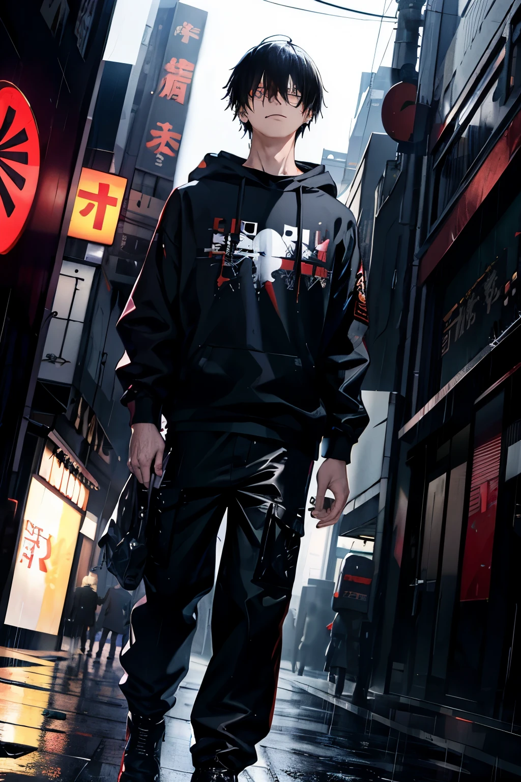 Walking out of the bomb pile, kk, best quality, more details, masterpiece, 1boy, kaneki ken, portrait, male focus, yelow eyes, black hair, solo, bangs, looking at viewer, Black shirt, short hair, rain, tokyo tokyo \(city\), hood up, nail polish, white hair, luxurious, 8k, detailed, ray tracing, depth of field, cinematic lighting, ((Bust up,Face looking down,low angles,Looking at the camera))
