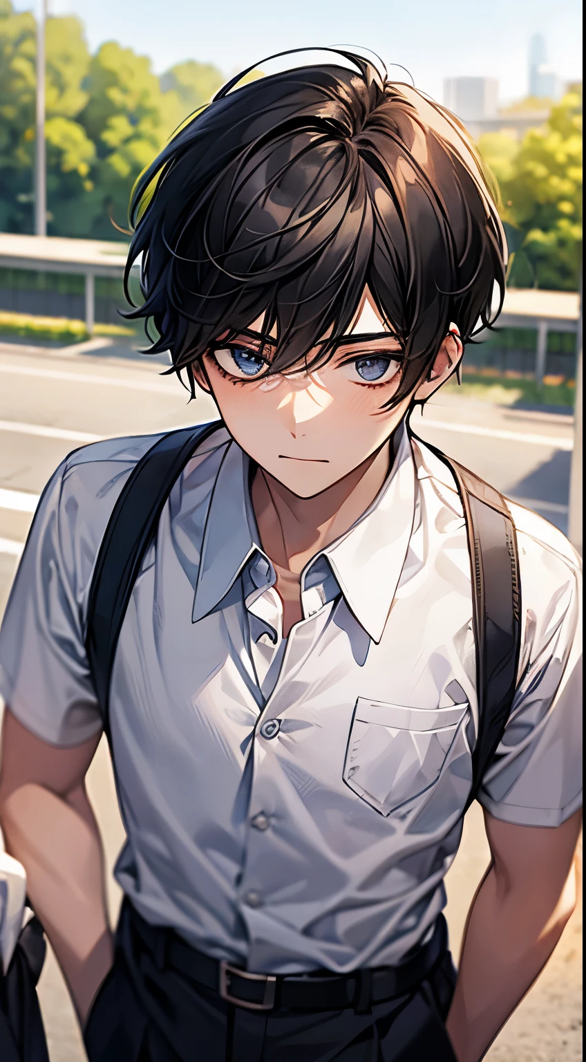 1 male high school student，Face focus，shoun，Young men，with short black hair，high school senior，Simple school uniform，white  shirt，tiese，trouser，the sky background，beautidful eyes，best qualtiy，detail in face，school ground，Playground guardrails，Background of details，Diffused sunlight，depth of fields，Background bokeh，（tmasterpiece，best qualtiy）anime