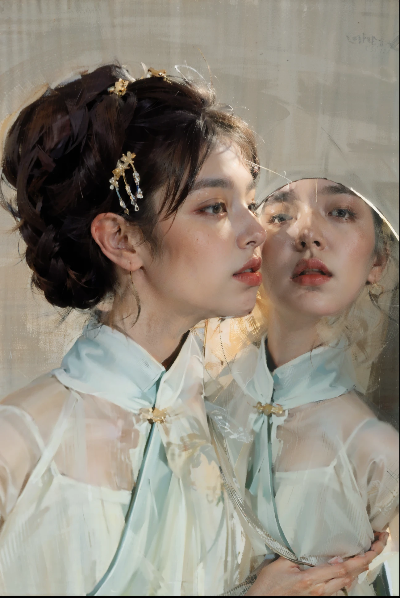 best quality,masterpiece,(painting:1.5),A Chinese woman looking in the mirror,ancient mirror,round mirror,Copper mirror,ancient chinese clothing,black hair,Coiled hair,The hair is coiled at the back of the head,Exquisite facial features,Ming Dynasty hairstyle is tied behind the head,Looking in the mirror,ancient mirror,White translucent costume,Hanfu,Costume robes,Translucent white long dress,White costume,(Amy Sole:0.248),(Stanley Ategg Liu:0.106),(a detailed painting:0.353),(文艺复兴古典painting风格:0.8)