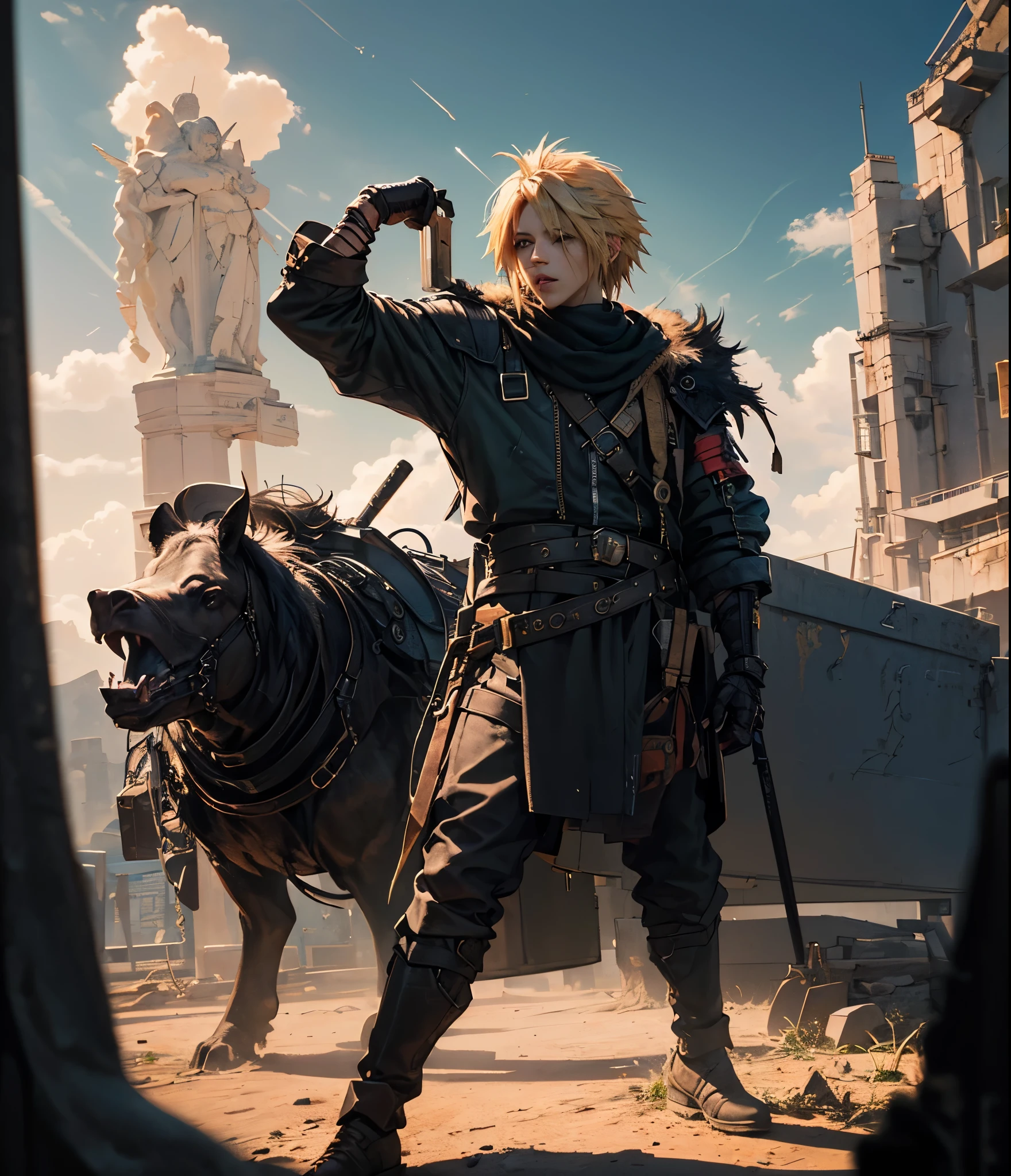 Canon 5D, A stunning and fierce 3D rendering of Cloud Strife from Final Fantasy 7., featuring intricate Detalles and a powerful finish. El personaje debe tener una apariencia fuerte y segura., a muscular build, and a fierce expression. el entorno debe representarse como un campo de batalla grandioso y majestuoso, with a focus on bold and dramatic colors that create a feeling of power and strength.. The lighting should be dramatic and intense, highlighting character traits and creating a sense of grandeur and majesty. la pose debe ser fuerte e imponente, conveying a sense of strength and authority. the final output should be a Obra maestra of 3d rendering, Capturando la esencia de la personalidad feroz y poderosa de Cloud Strife., and evoke a sense of awe and admiration in the viewer. —c 10 —ar 2:3. —c 10 —ar 2:3 Obra maestra, Mejor calidad, realista, hyper realista, sharp focus, absurdos, buena anatomia, realista, hyper realista, cinematographic, character design, arte conceptual, muy detallado illustration, arte digital, pintura digital, Profundidad de campo , cara detallada, muy detallado, intricate Detalles, symmetrical, Volumetric lighting, luz ambiental, tiempo real, efectos visuales, digital 3d, HD, HDR (photorealista face:1. 2), (8K), (4k), (Obra maestra), (Mejor calidad), illustration, soft lighting, (specular lighting:1. 4), (piel muy detallada:1. 2), Rostro masculino guapo , Hermosa cara perfecta , perfect anatomy, cinematographic shot photo taken by arri canon fuji kodak, incredibly detailed, afilar, Detalles, Professional lighting, cinema lighting, sala de luz, cinematography